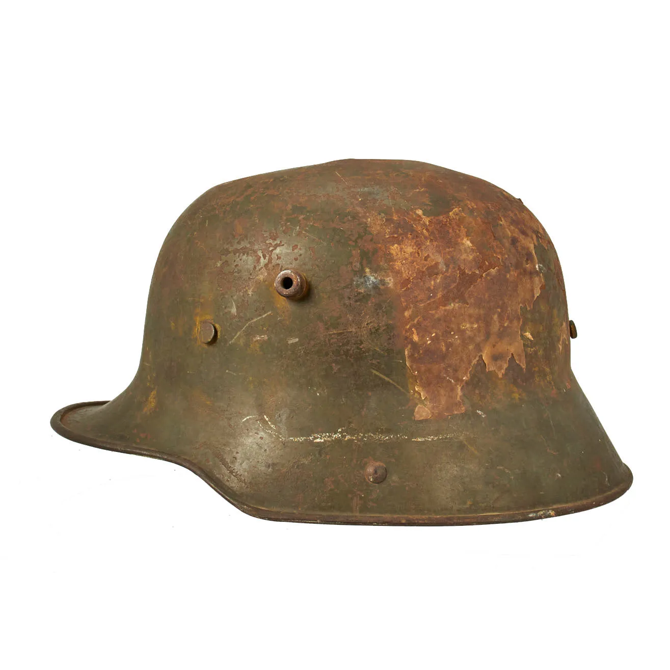 Original German WWI Battle Damaged M16 Stahlhelm Helmet with Camouflage Paint and Liner - marked Si66