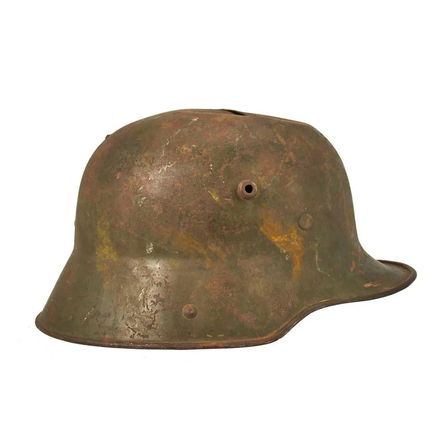 Original German WWI Battle Damaged M16 Stahlhelm Helmet with Camouflage Paint and Liner - marked Si66