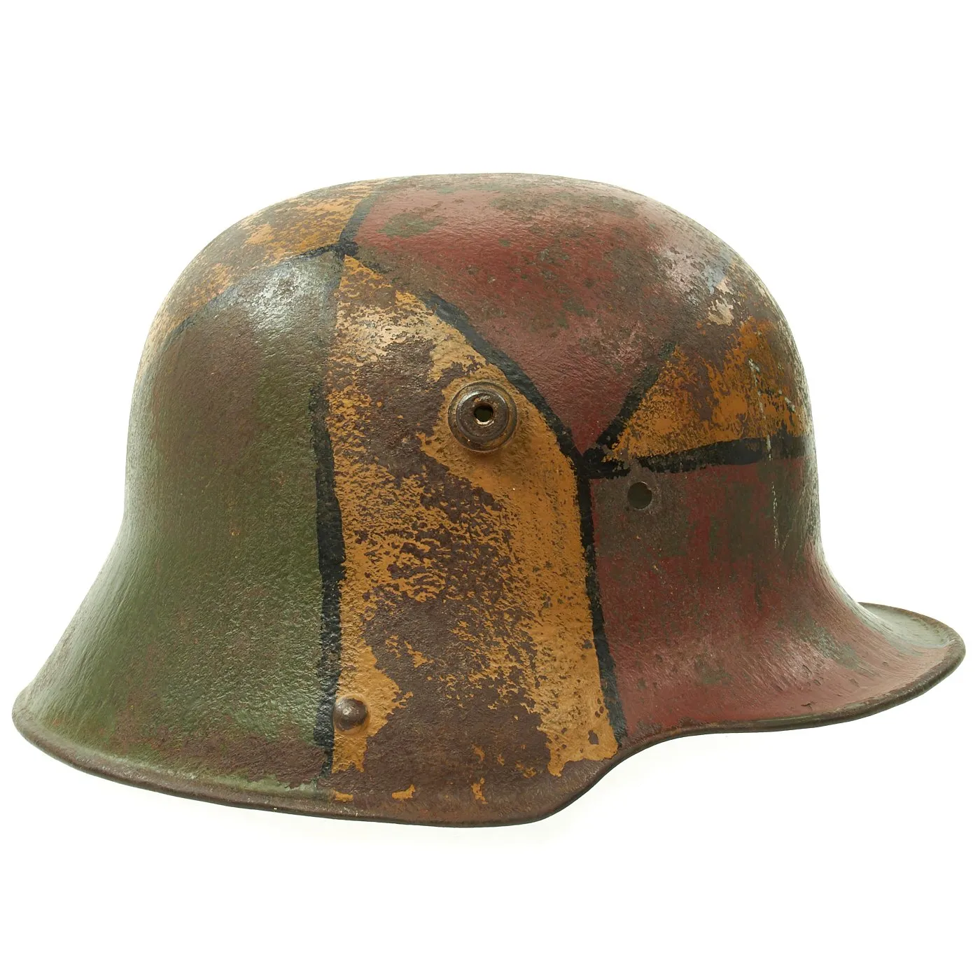 Original German WWI M16 Stahlhelm Helmet Shell with Original Panel Camouflage Paint - marked B.F. 62