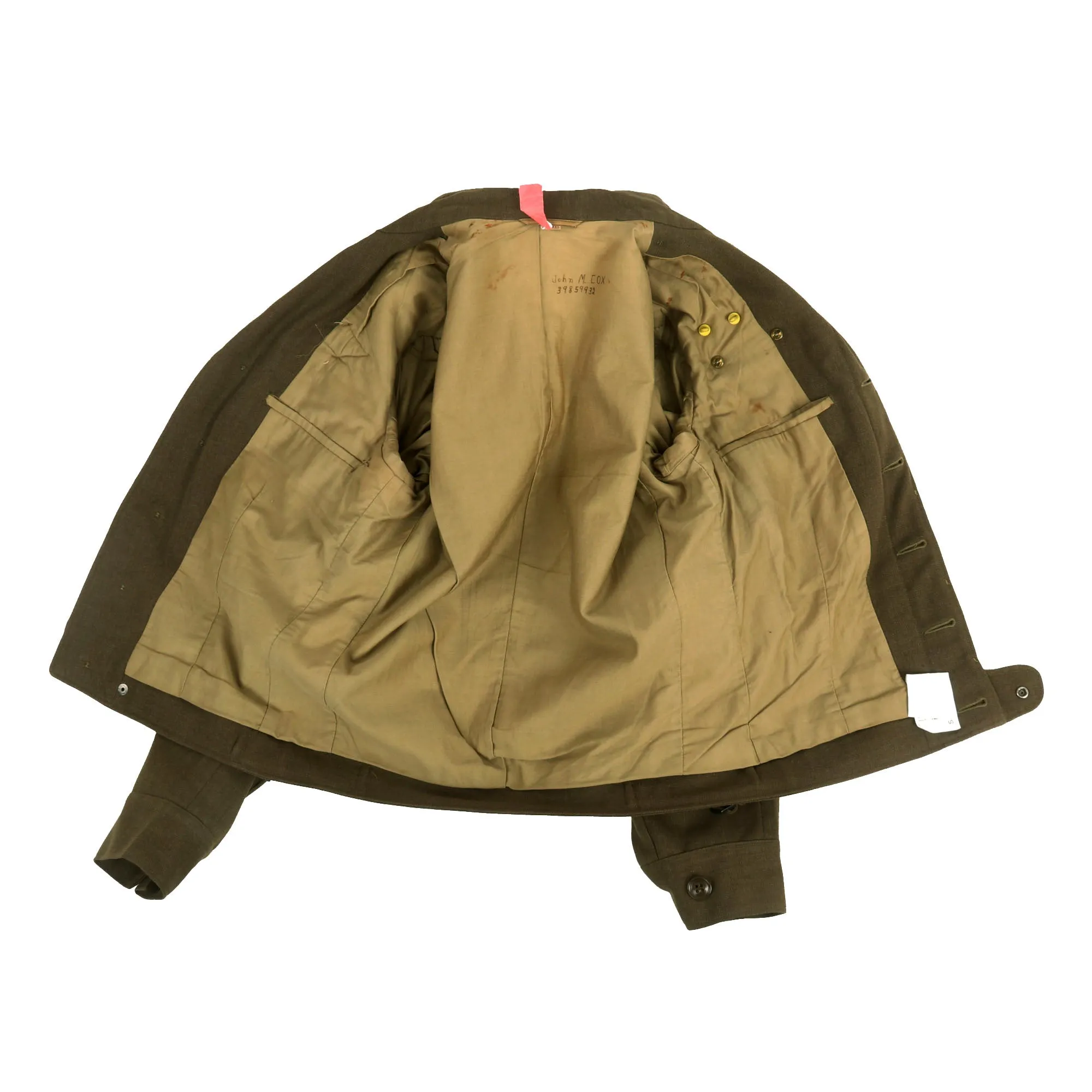 Original U.S. WWII 82nd Airborne Division, 505th Parachute Infantry Regiment Headquarters Ike Jacket Named to Private John M. Cox With Overseas Cap and Plaque