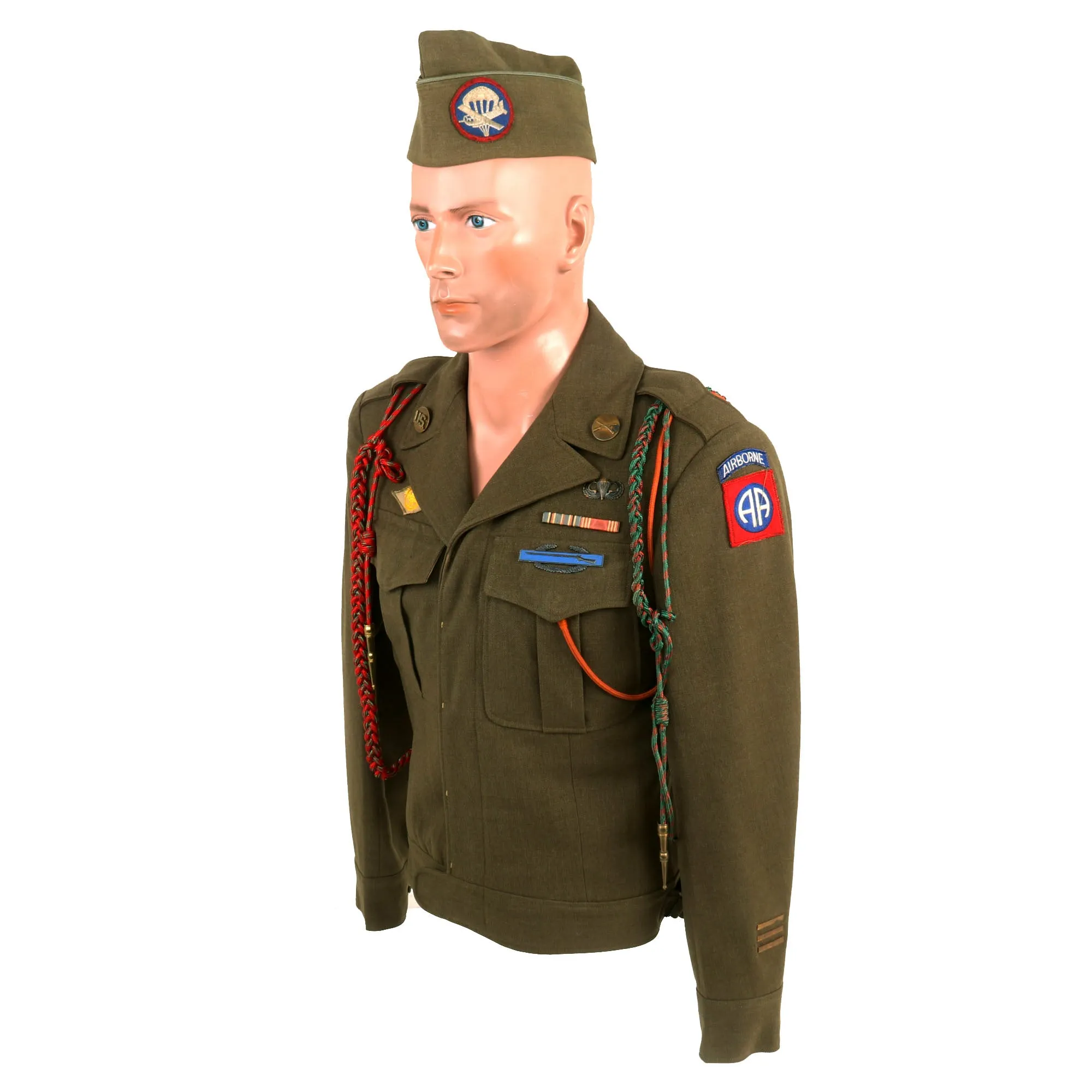 Original U.S. WWII 82nd Airborne Division, 505th Parachute Infantry Regiment Headquarters Ike Jacket Named to Private John M. Cox With Overseas Cap and Plaque
