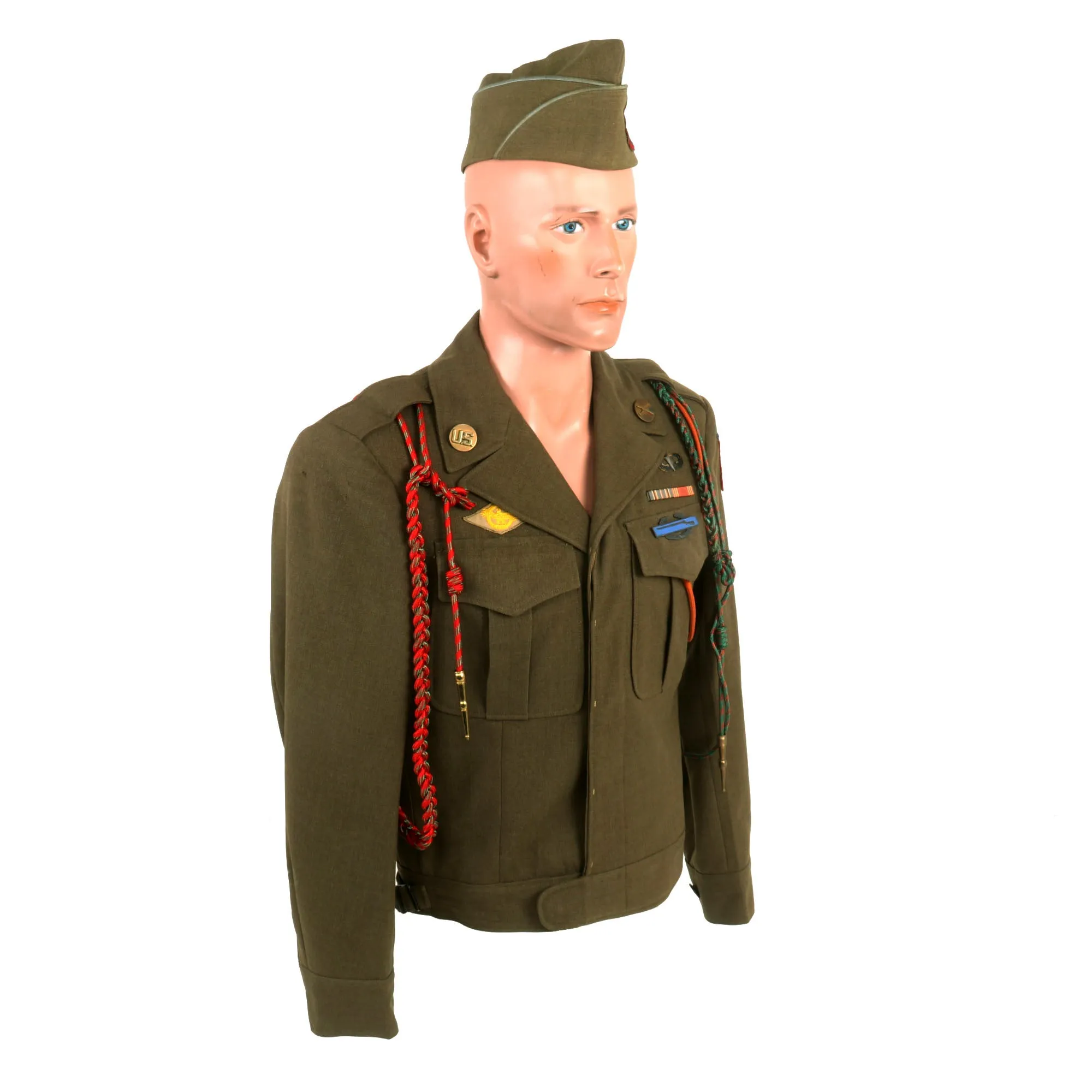 Original U.S. WWII 82nd Airborne Division, 505th Parachute Infantry Regiment Headquarters Ike Jacket Named to Private John M. Cox With Overseas Cap and Plaque