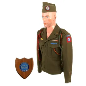 Original U.S. WWII 82nd Airborne Division, 505th Parachute Infantry Regiment Headquarters Ike Jacket Named to Private John M. Cox With Overseas Cap and Plaque