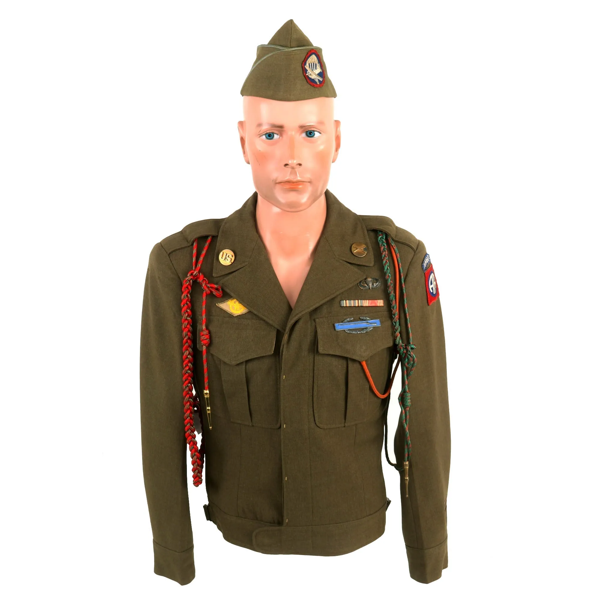 Original U.S. WWII 82nd Airborne Division, 505th Parachute Infantry Regiment Headquarters Ike Jacket Named to Private John M. Cox With Overseas Cap and Plaque