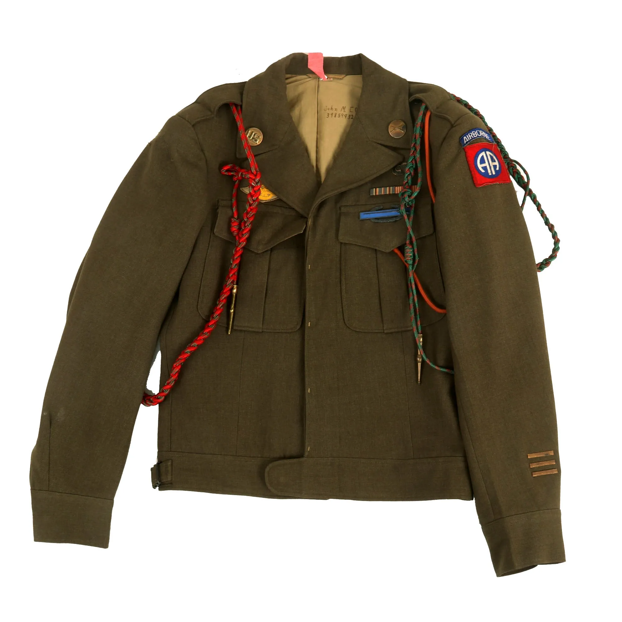 Original U.S. WWII 82nd Airborne Division, 505th Parachute Infantry Regiment Headquarters Ike Jacket Named to Private John M. Cox With Overseas Cap and Plaque