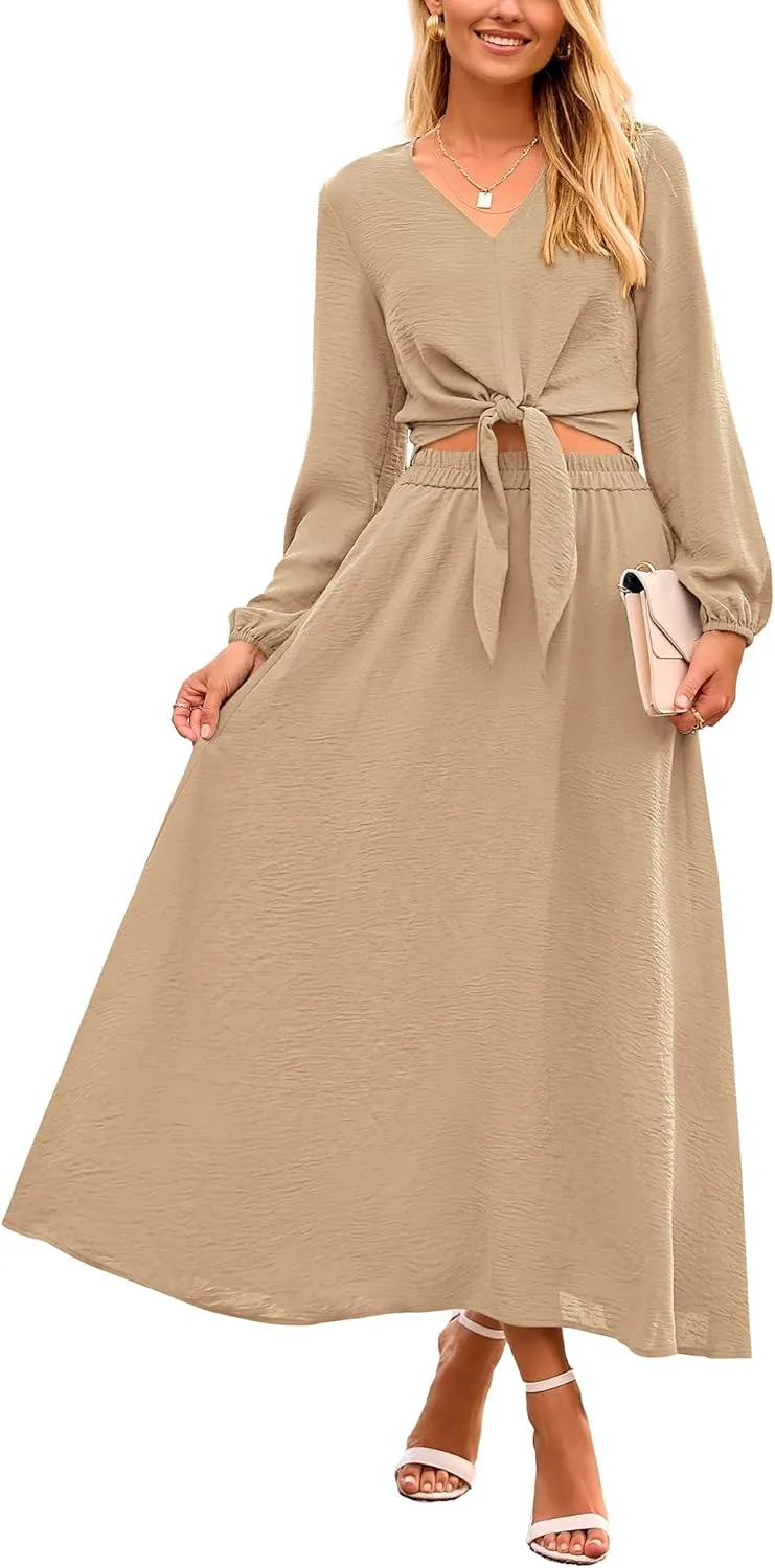PRETTYGARDEN Women 2 Piece Outfits Casual V Neck Lantern Long Sleeve Strappy Crop Tops High Waist Midi Skirt Sets 2025