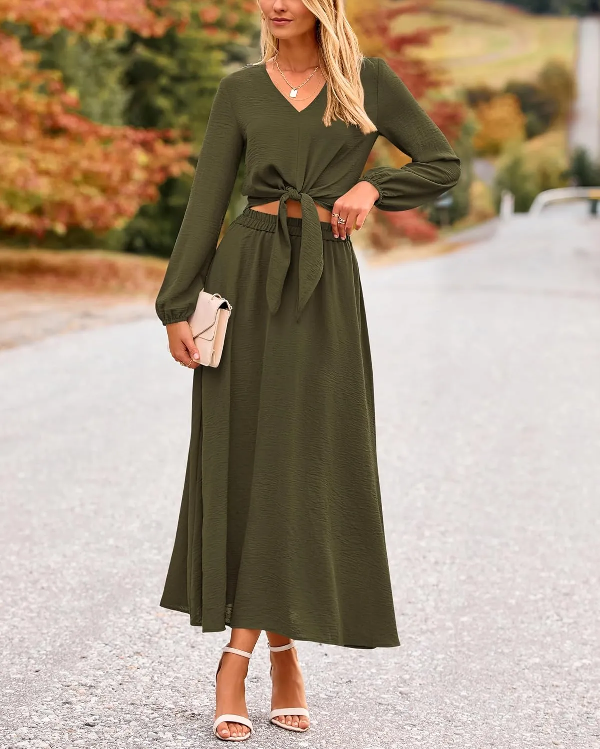PRETTYGARDEN Women 2 Piece Outfits Casual V Neck Lantern Long Sleeve Strappy Crop Tops High Waist Midi Skirt Sets 2025