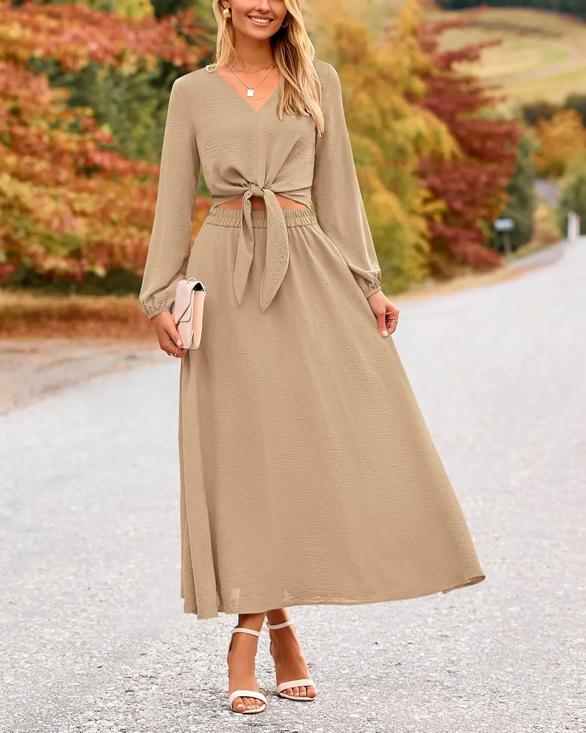 PRETTYGARDEN Women 2 Piece Outfits Casual V Neck Lantern Long Sleeve Strappy Crop Tops High Waist Midi Skirt Sets 2025