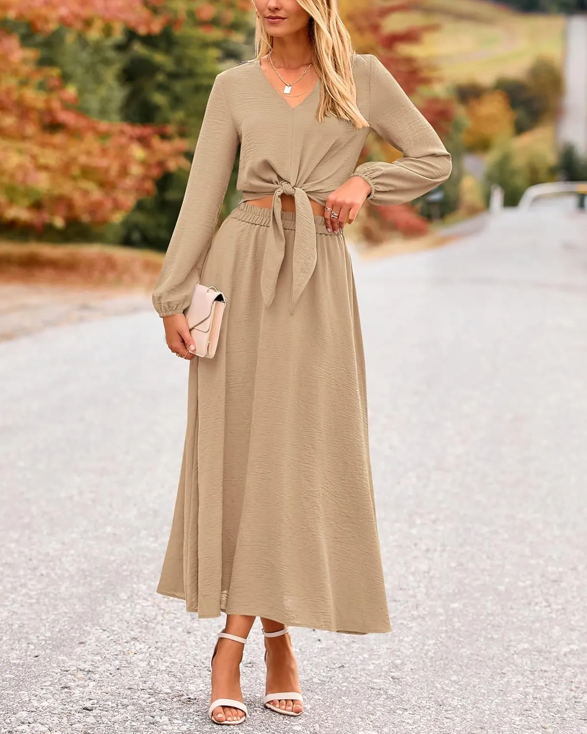 PRETTYGARDEN Women 2 Piece Outfits Casual V Neck Lantern Long Sleeve Strappy Crop Tops High Waist Midi Skirt Sets 2025