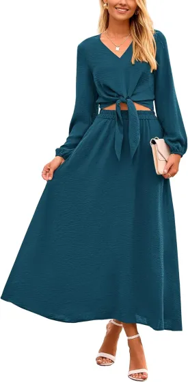 PRETTYGARDEN Women 2 Piece Outfits Casual V Neck Lantern Long Sleeve Strappy Crop Tops High Waist Midi Skirt Sets 2025