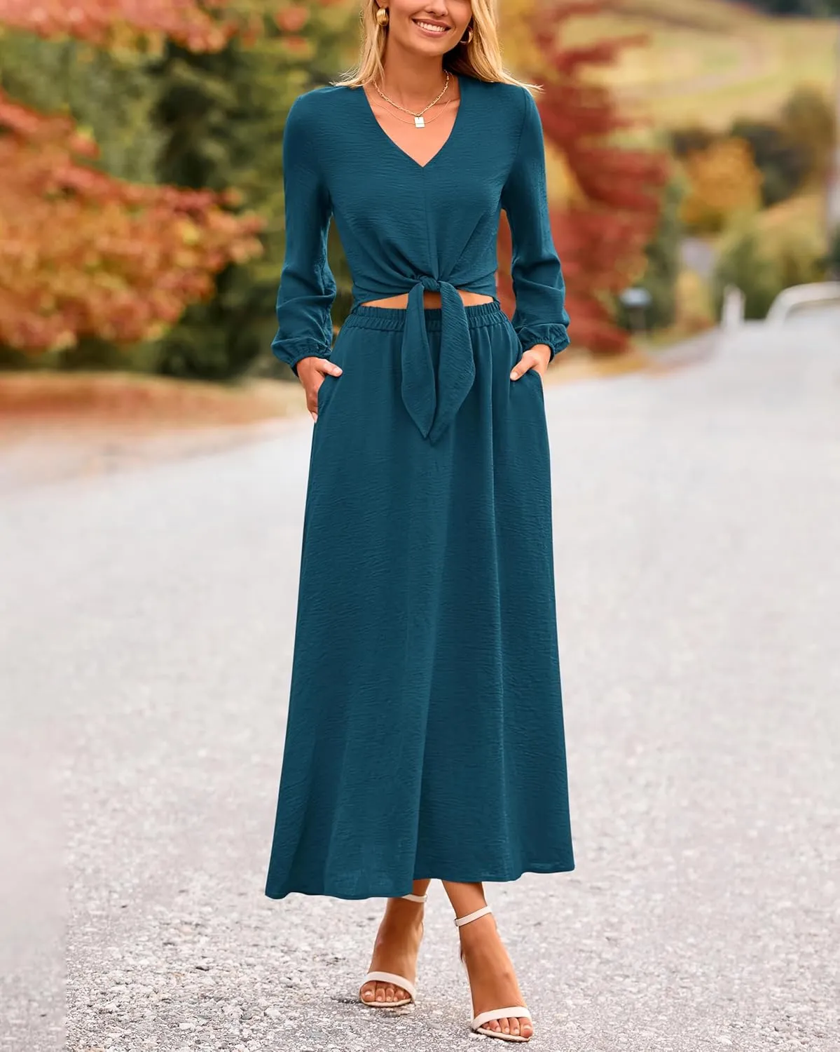 PRETTYGARDEN Women 2 Piece Outfits Casual V Neck Lantern Long Sleeve Strappy Crop Tops High Waist Midi Skirt Sets 2025