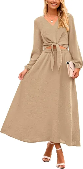 PRETTYGARDEN Women 2 Piece Outfits Casual V Neck Lantern Long Sleeve Strappy Crop Tops High Waist Midi Skirt Sets 2025