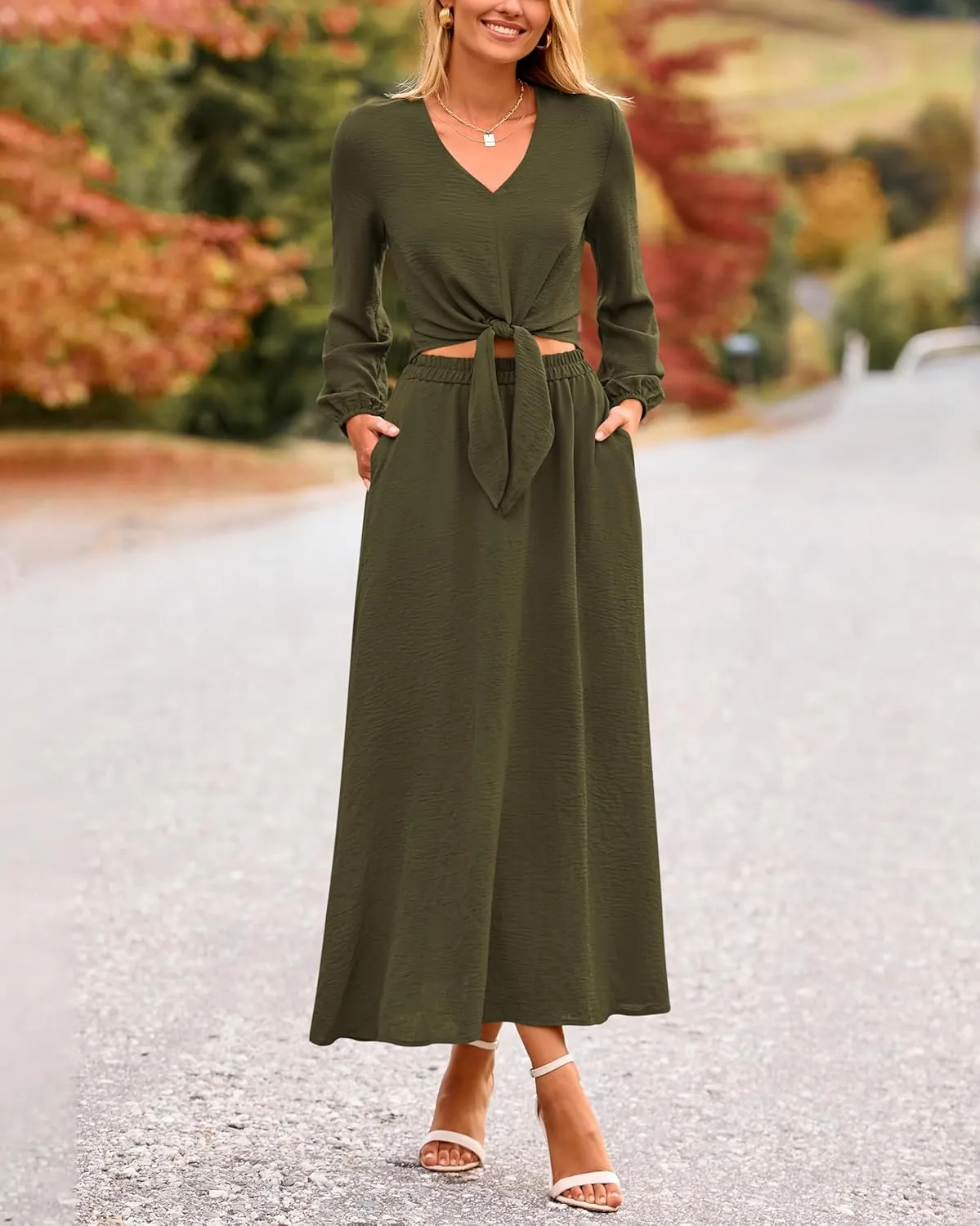PRETTYGARDEN Women 2 Piece Outfits Casual V Neck Lantern Long Sleeve Strappy Crop Tops High Waist Midi Skirt Sets 2025