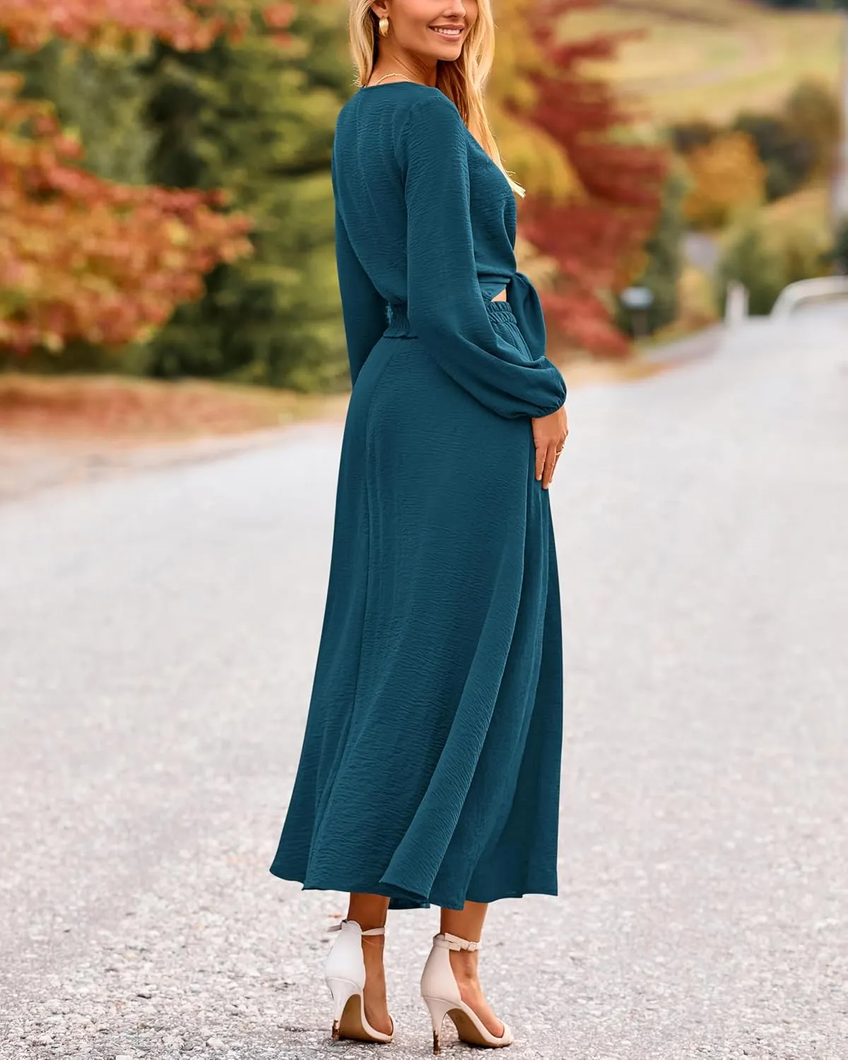 PRETTYGARDEN Women 2 Piece Outfits Casual V Neck Lantern Long Sleeve Strappy Crop Tops High Waist Midi Skirt Sets 2025