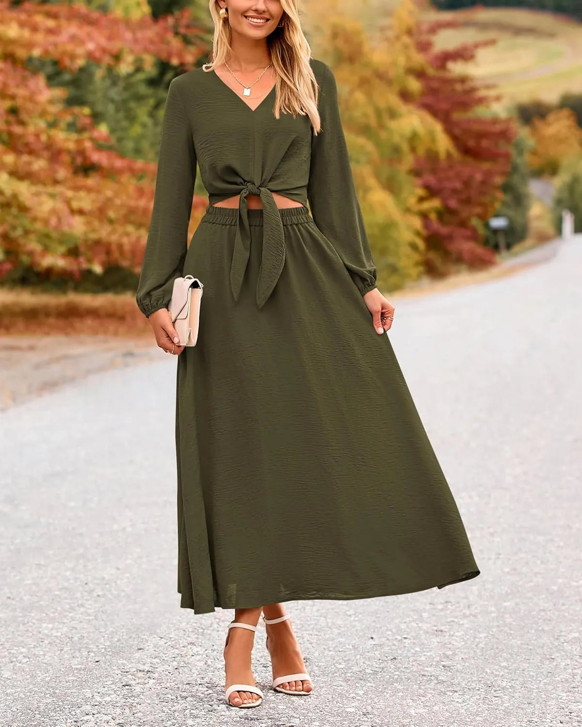 PRETTYGARDEN Women 2 Piece Outfits Casual V Neck Lantern Long Sleeve Strappy Crop Tops High Waist Midi Skirt Sets 2025