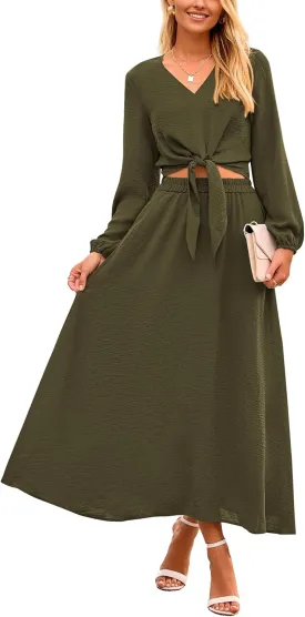 PRETTYGARDEN Women 2 Piece Outfits Casual V Neck Lantern Long Sleeve Strappy Crop Tops High Waist Midi Skirt Sets 2025