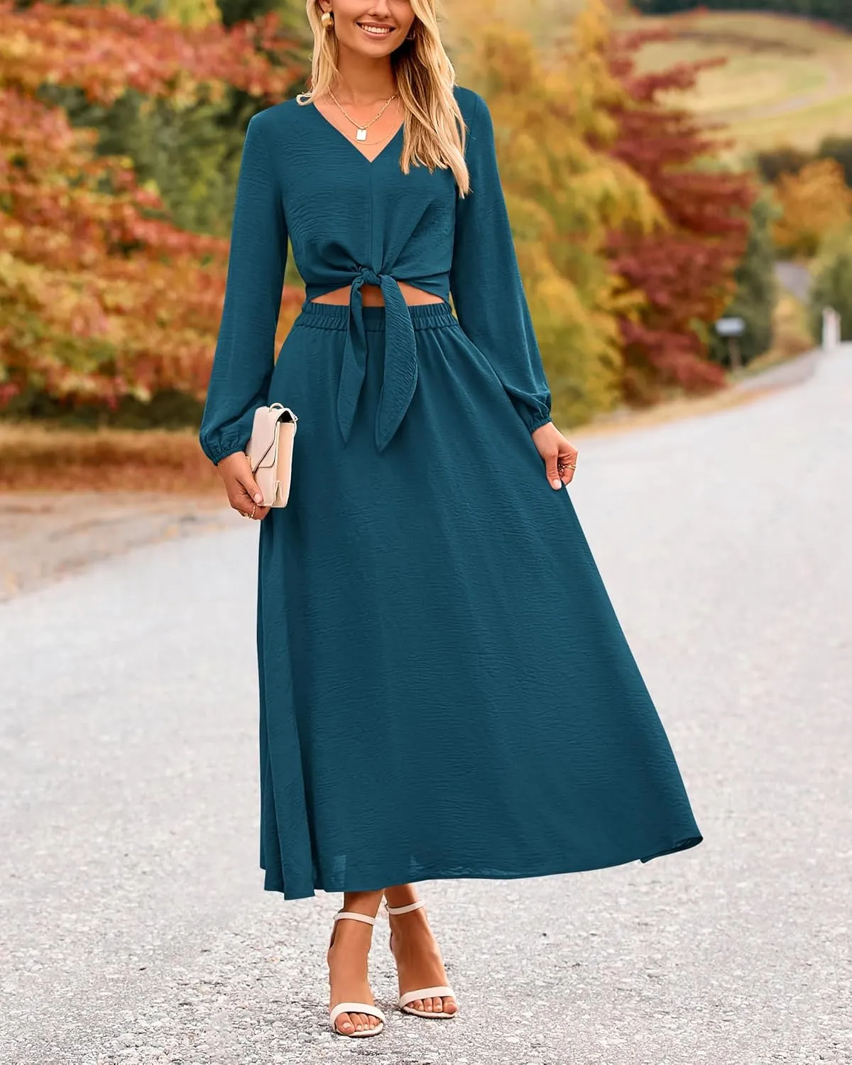 PRETTYGARDEN Women 2 Piece Outfits Casual V Neck Lantern Long Sleeve Strappy Crop Tops High Waist Midi Skirt Sets 2025