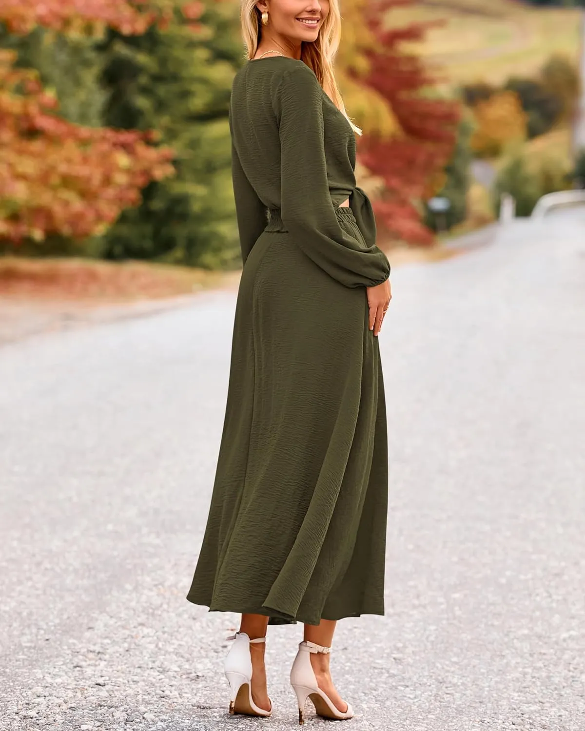 PRETTYGARDEN Women 2 Piece Outfits Casual V Neck Lantern Long Sleeve Strappy Crop Tops High Waist Midi Skirt Sets 2025