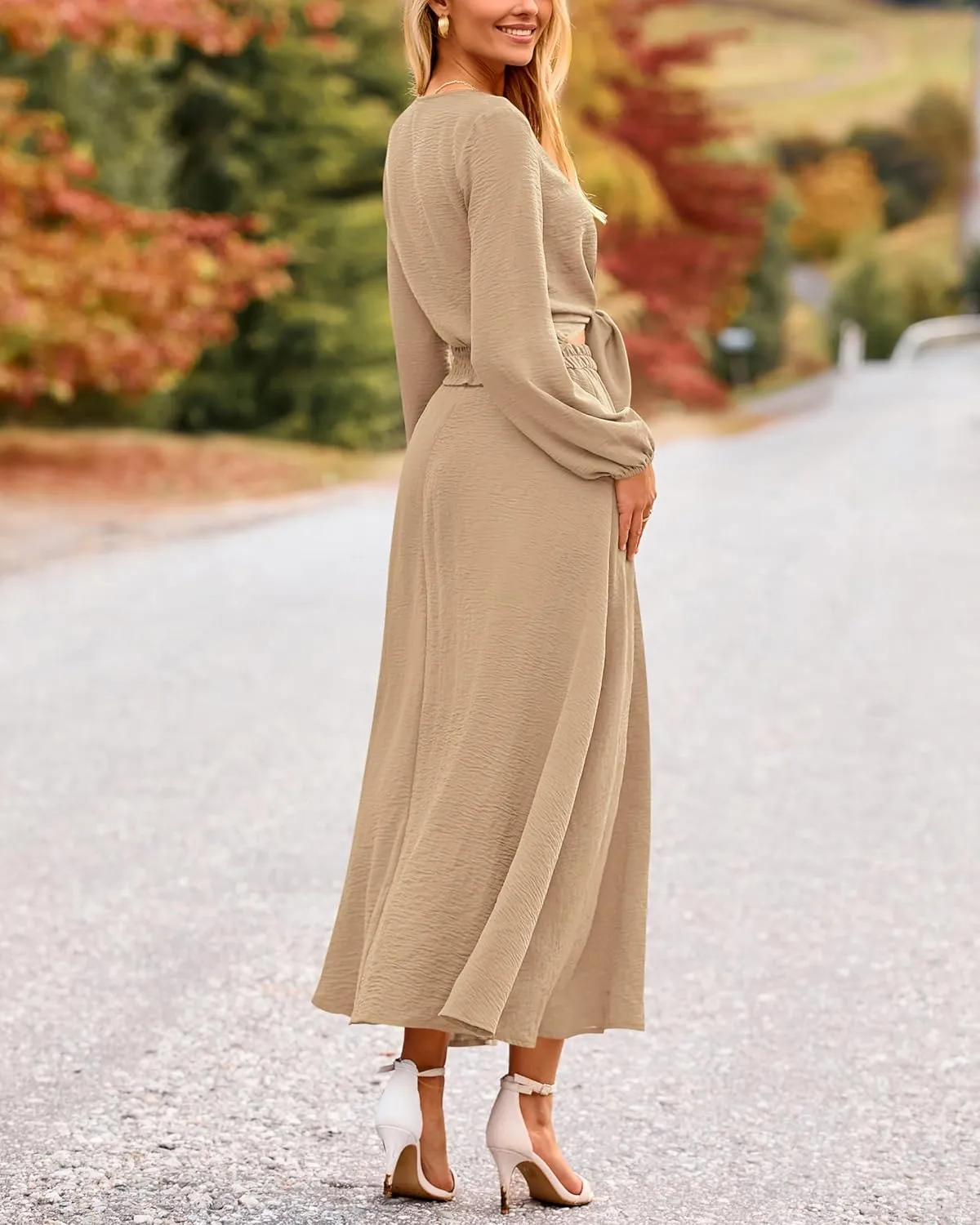 PRETTYGARDEN Women 2 Piece Outfits Casual V Neck Lantern Long Sleeve Strappy Crop Tops High Waist Midi Skirt Sets 2025