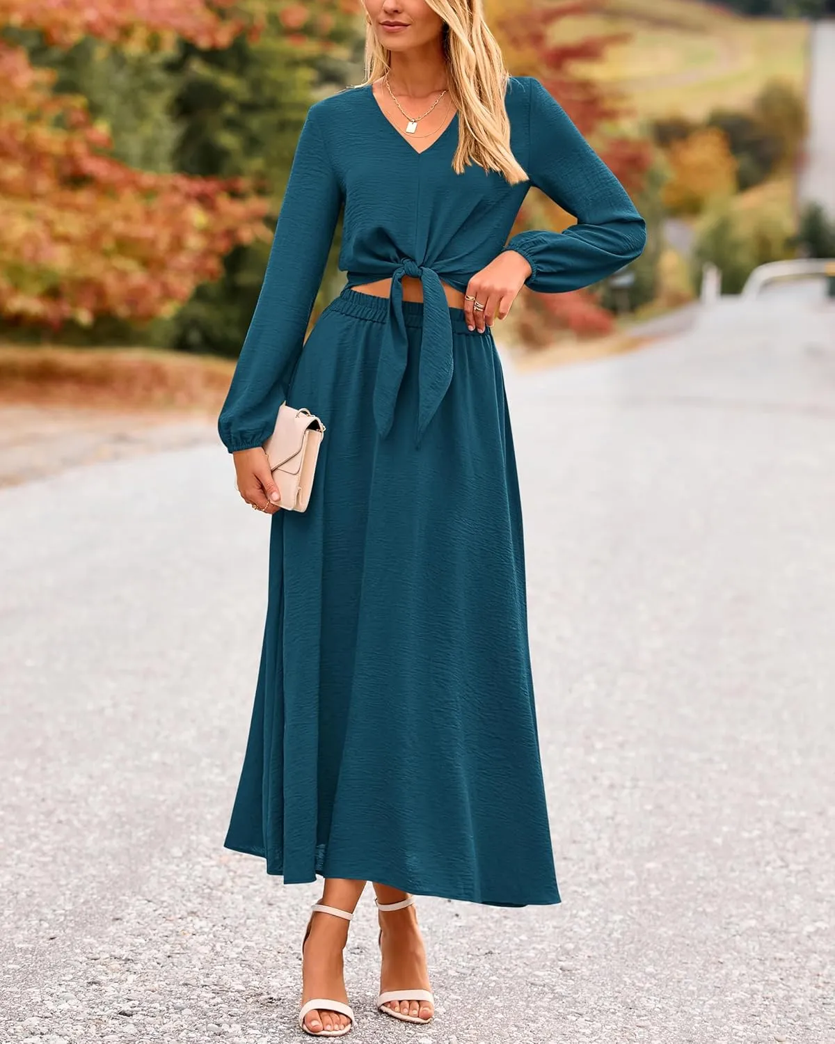 PRETTYGARDEN Women 2 Piece Outfits Casual V Neck Lantern Long Sleeve Strappy Crop Tops High Waist Midi Skirt Sets 2025