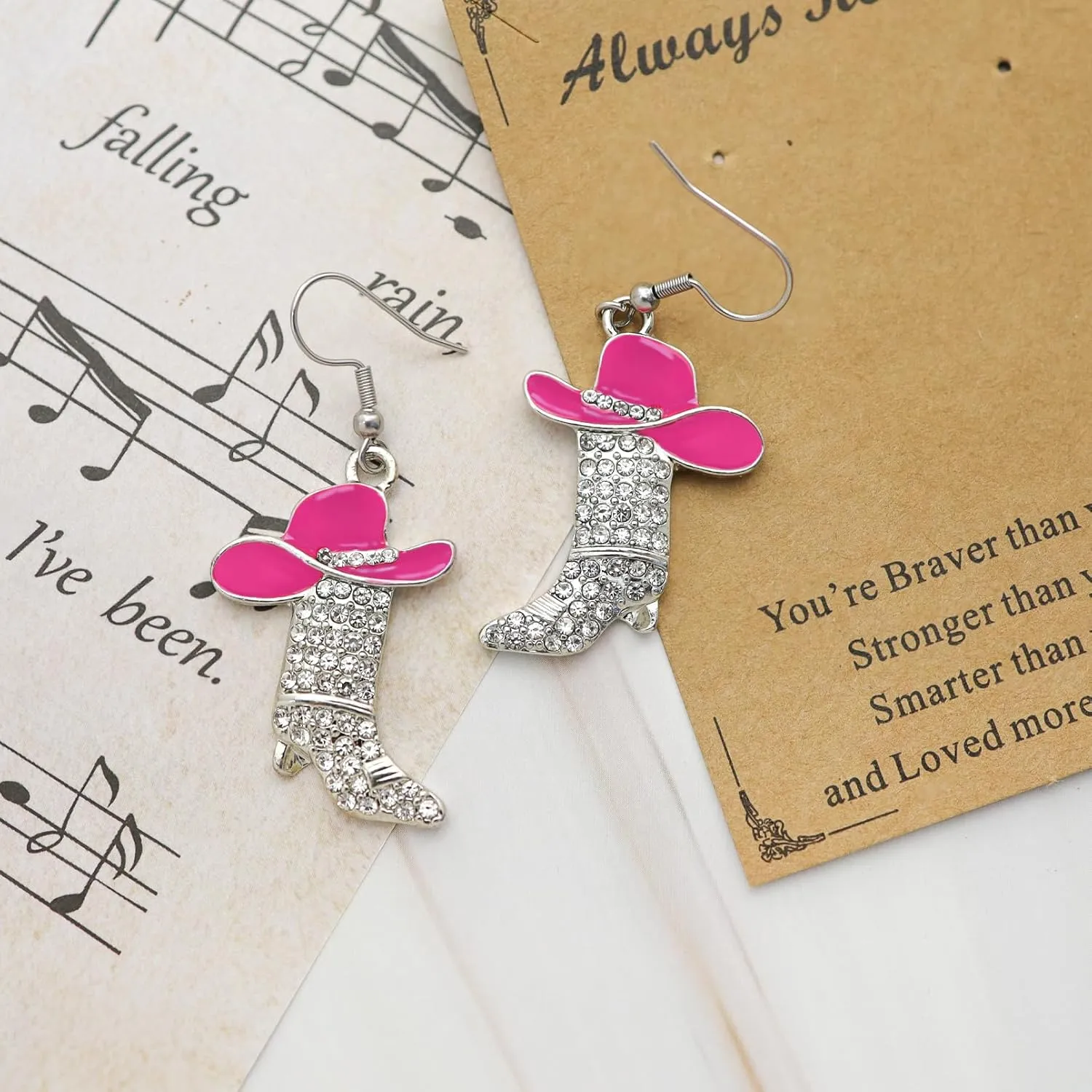 RechicGu Women Western Earrings Silver Symmetric Boots Cowgirl Sparkly Rhinestone Cowboy Enamel Hat Bohemian Rodeo Boot Drop Dangle Earrings