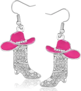 RechicGu Women Western Earrings Silver Symmetric Boots Cowgirl Sparkly Rhinestone Cowboy Enamel Hat Bohemian Rodeo Boot Drop Dangle Earrings