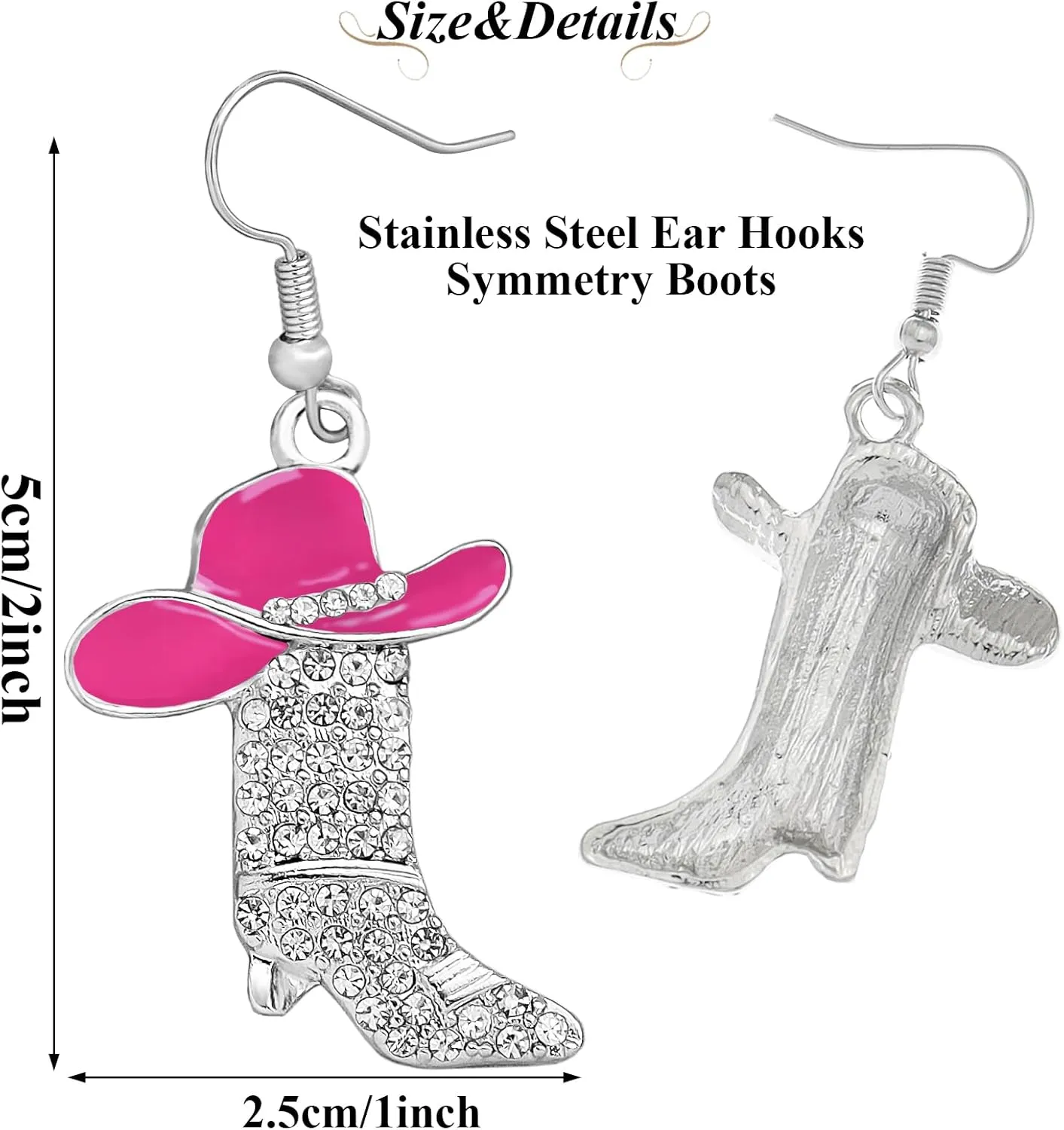 RechicGu Women Western Earrings Silver Symmetric Boots Cowgirl Sparkly Rhinestone Cowboy Enamel Hat Bohemian Rodeo Boot Drop Dangle Earrings