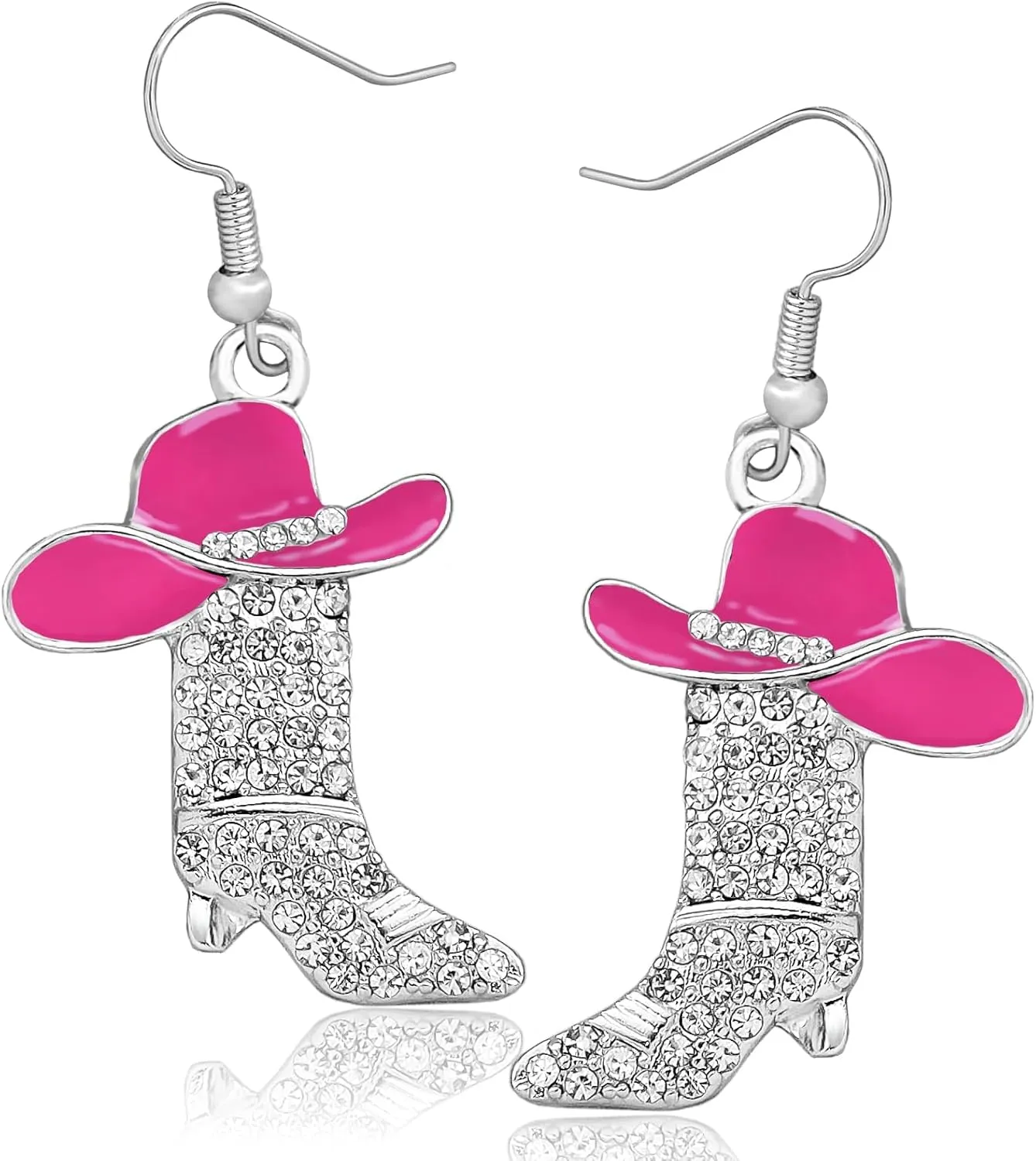 RechicGu Women Western Earrings Silver Symmetric Boots Cowgirl Sparkly Rhinestone Cowboy Enamel Hat Bohemian Rodeo Boot Drop Dangle Earrings