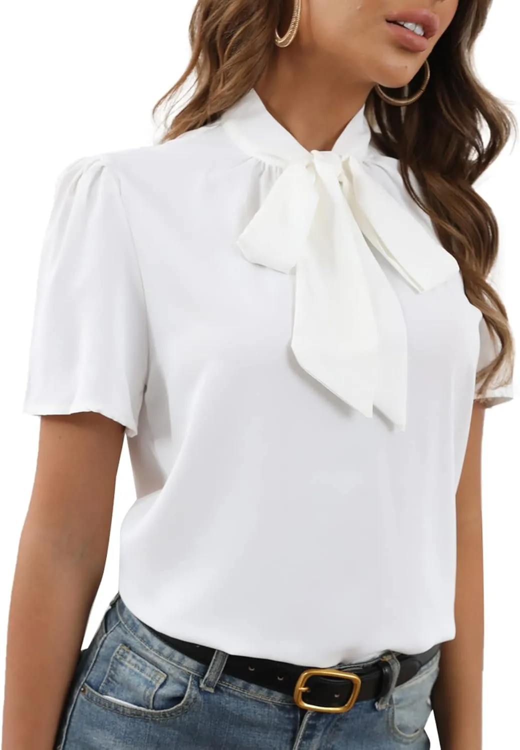 Rooscier Women's Bow Tie Knot Mock Neck Short Sleeve Elegant Workwear Blouse Shirt Top