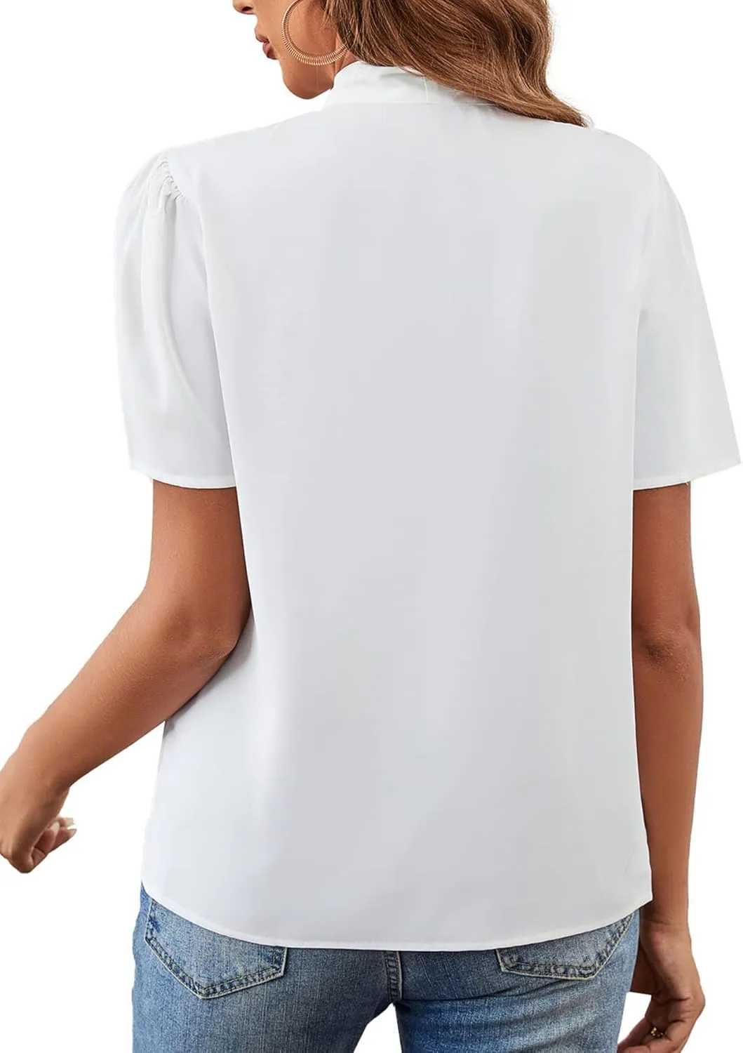 Rooscier Women's Bow Tie Knot Mock Neck Short Sleeve Elegant Workwear Blouse Shirt Top