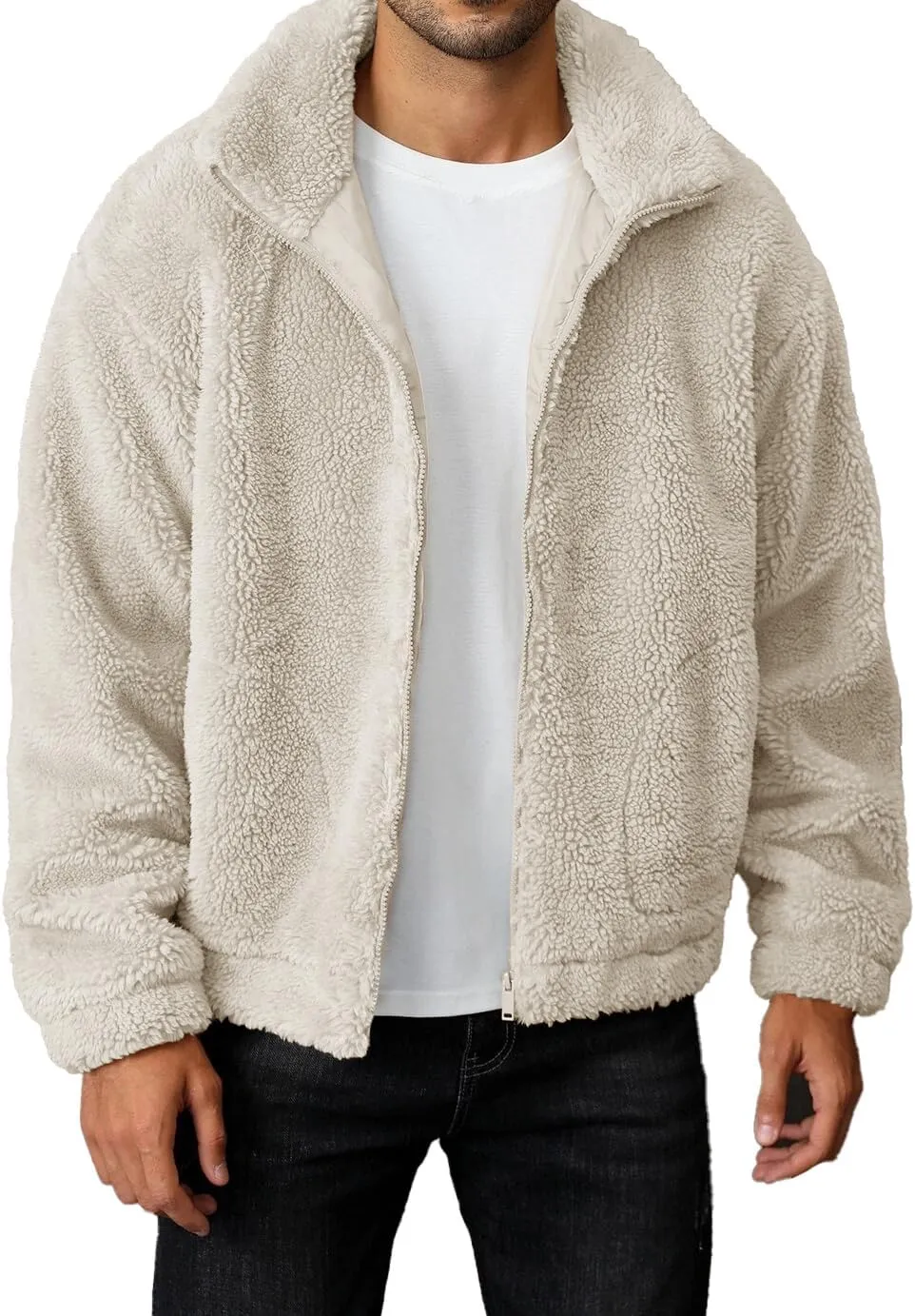 Runcati Mens Fuzzy Sherpa Jacket Long Sleeve Fleece Zip Up Coat Fall Winter Warm Outwear