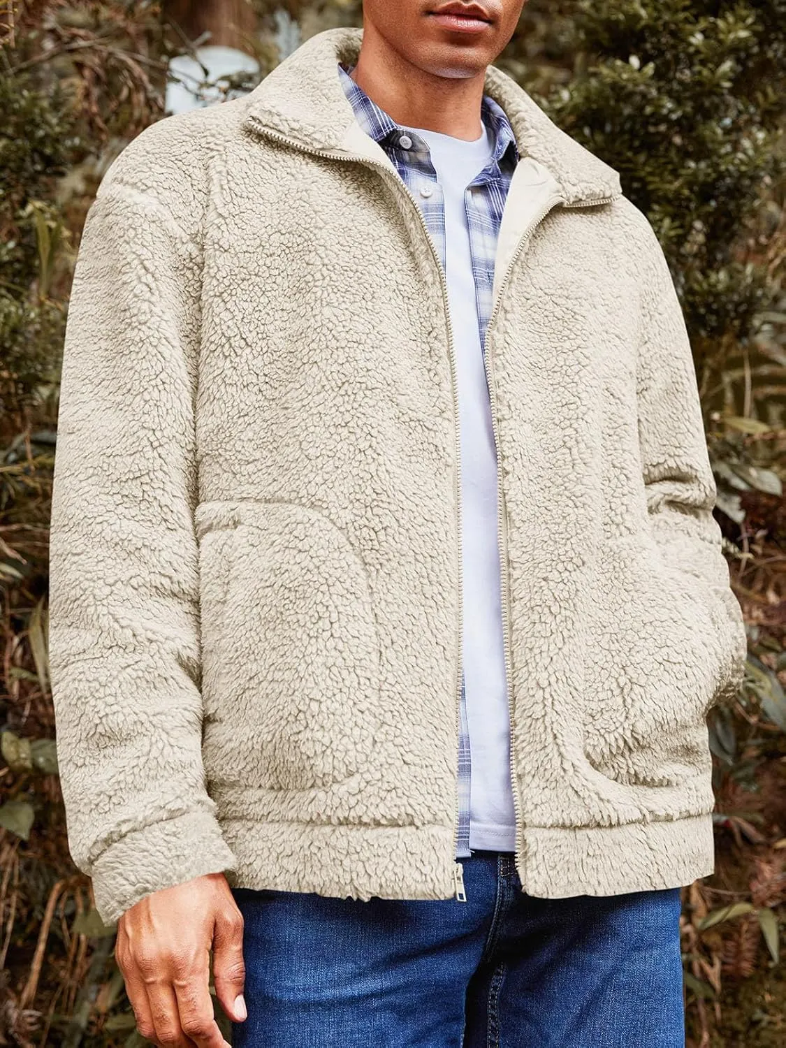 Runcati Mens Fuzzy Sherpa Jacket Long Sleeve Fleece Zip Up Coat Fall Winter Warm Outwear