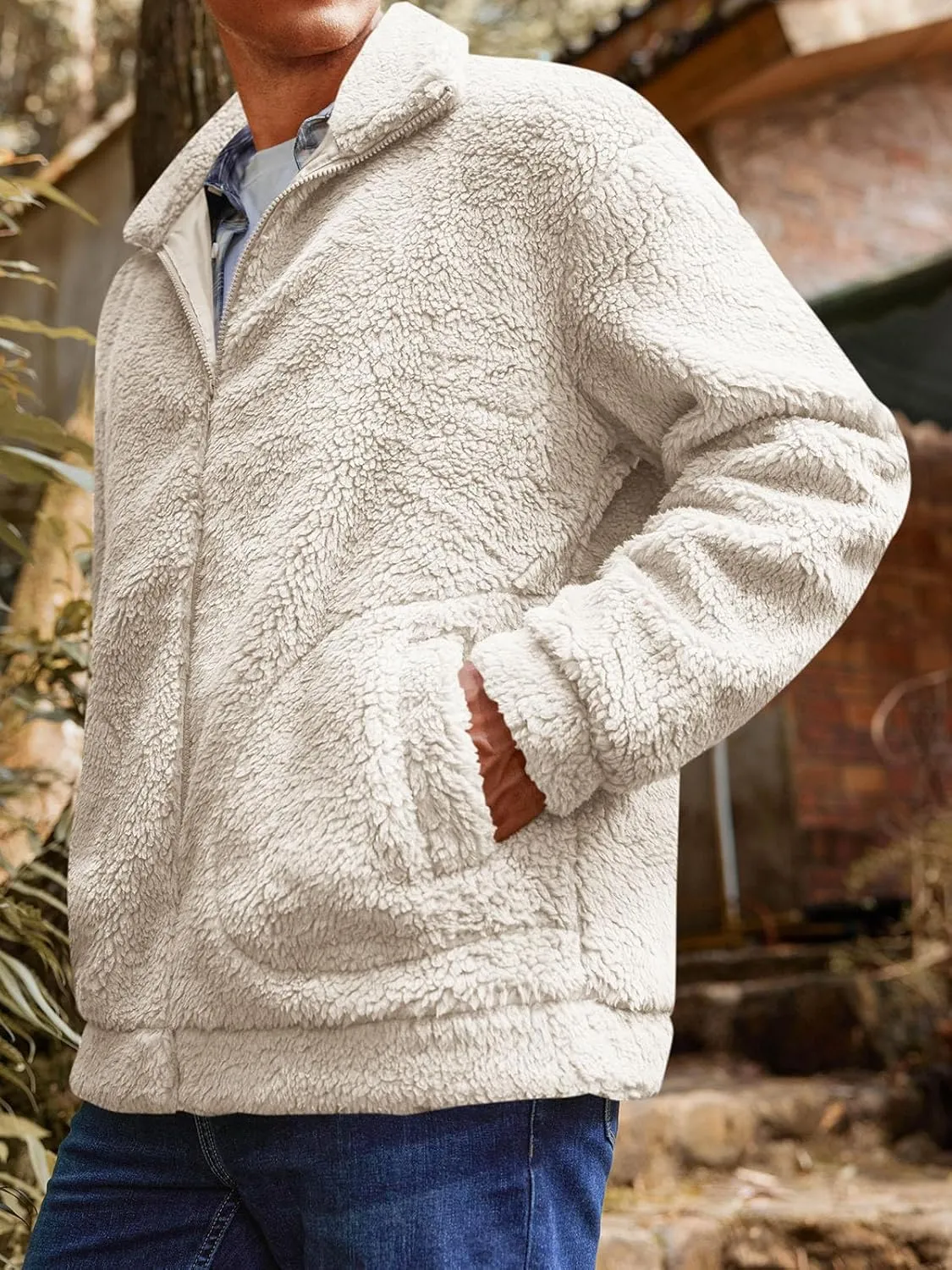 Runcati Mens Fuzzy Sherpa Jacket Long Sleeve Fleece Zip Up Coat Fall Winter Warm Outwear