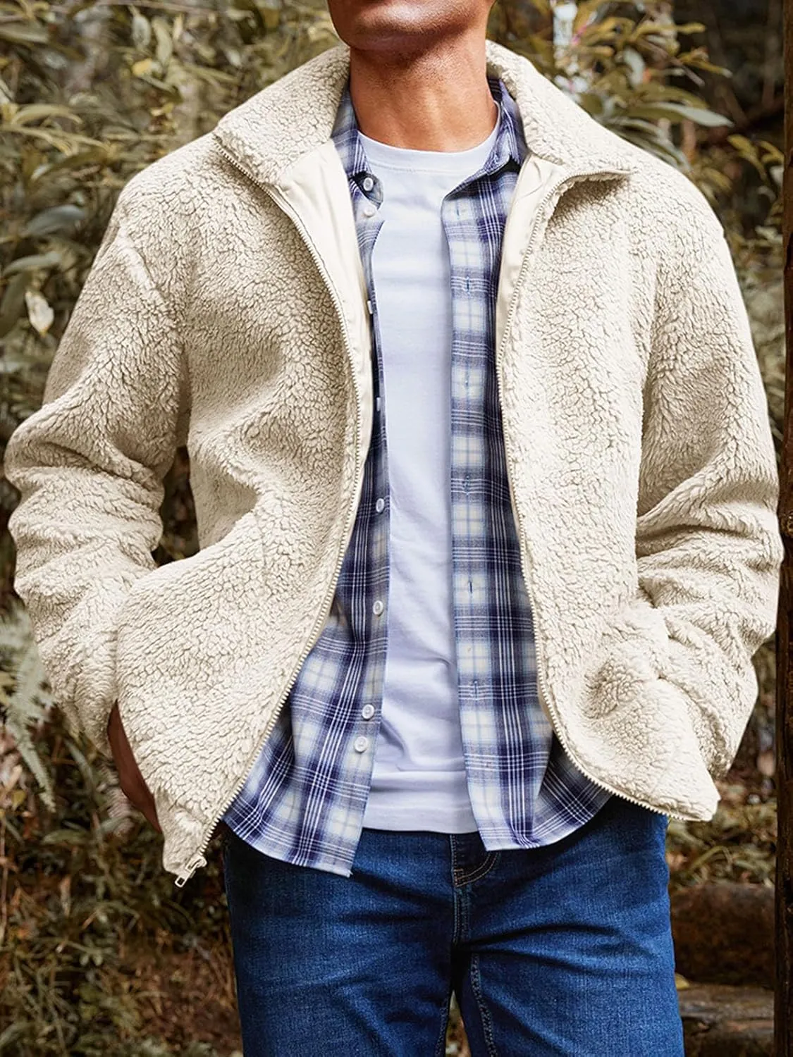 Runcati Mens Fuzzy Sherpa Jacket Long Sleeve Fleece Zip Up Coat Fall Winter Warm Outwear