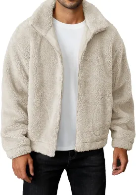 Runcati Mens Fuzzy Sherpa Jacket Long Sleeve Fleece Zip Up Coat Fall Winter Warm Outwear