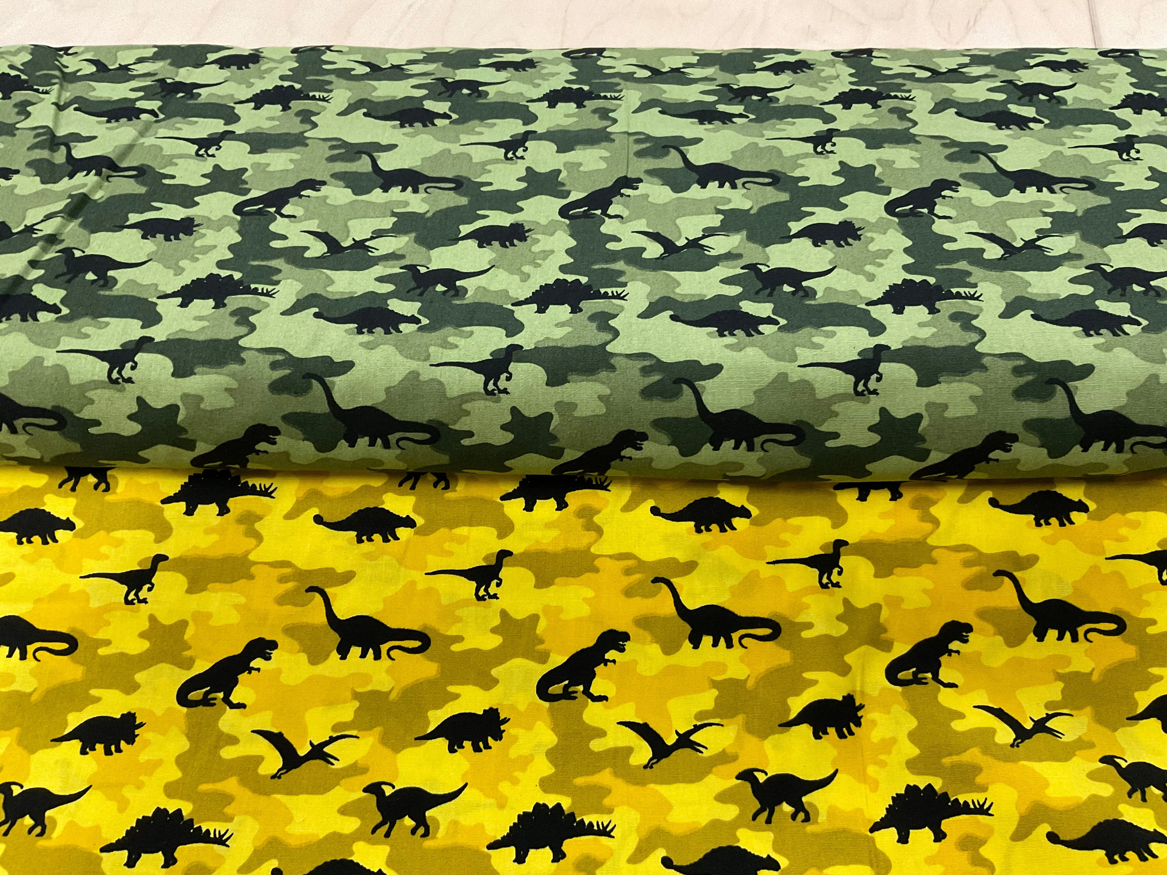 Sale Black Dinosaurs on Camouflage Cotton Poplin