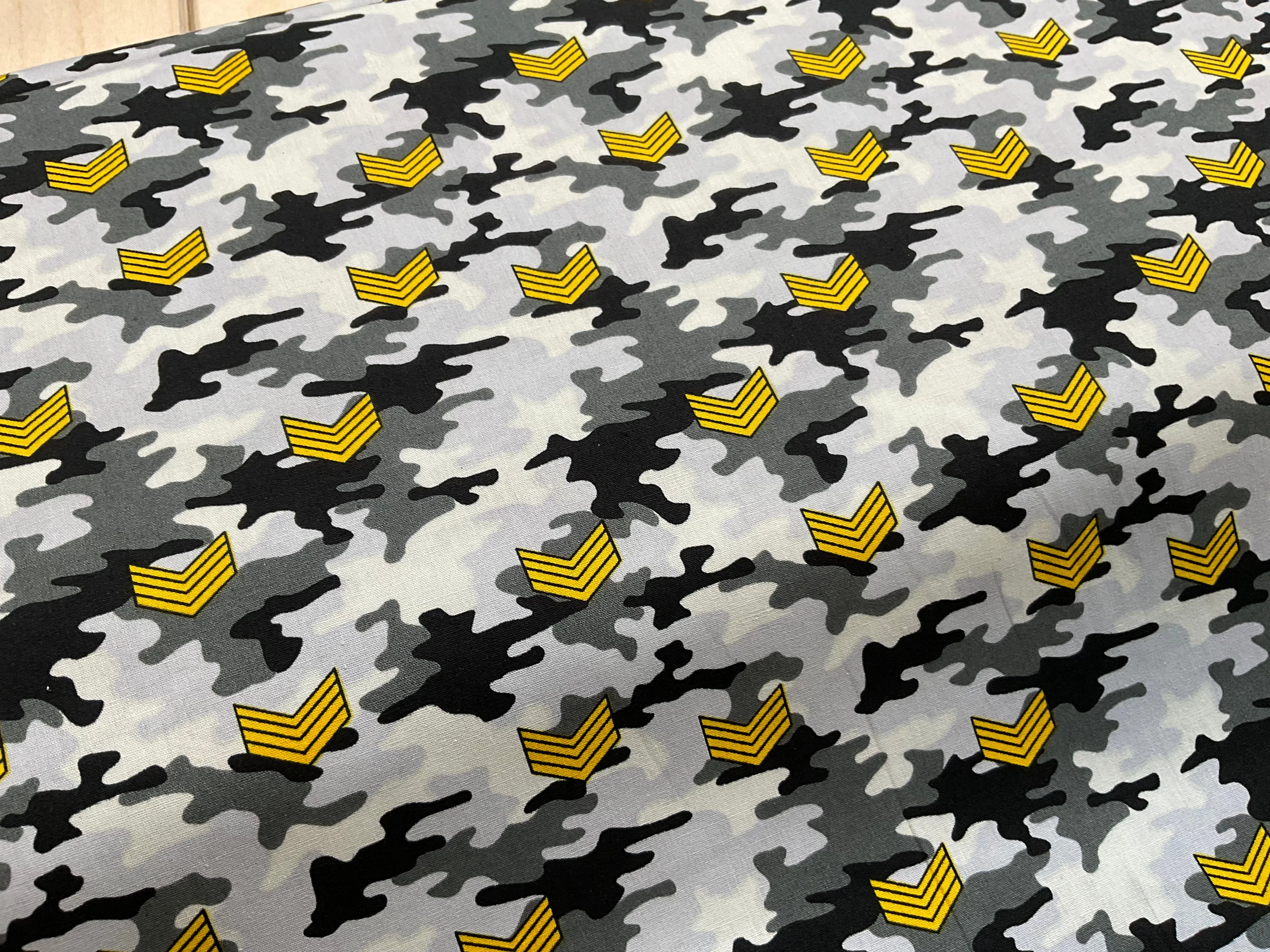 SALE - Gold Stripe Badge on Camouflage Cotton Poplin