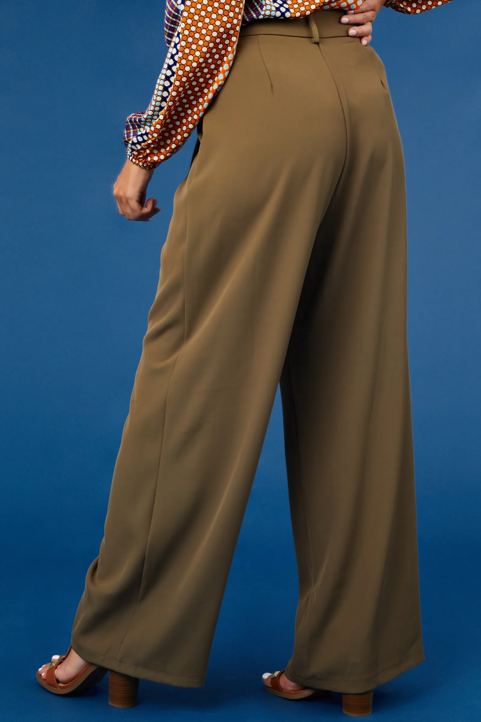 She Sky Army Green Pleated High Rise Wide Leg Woven Pants