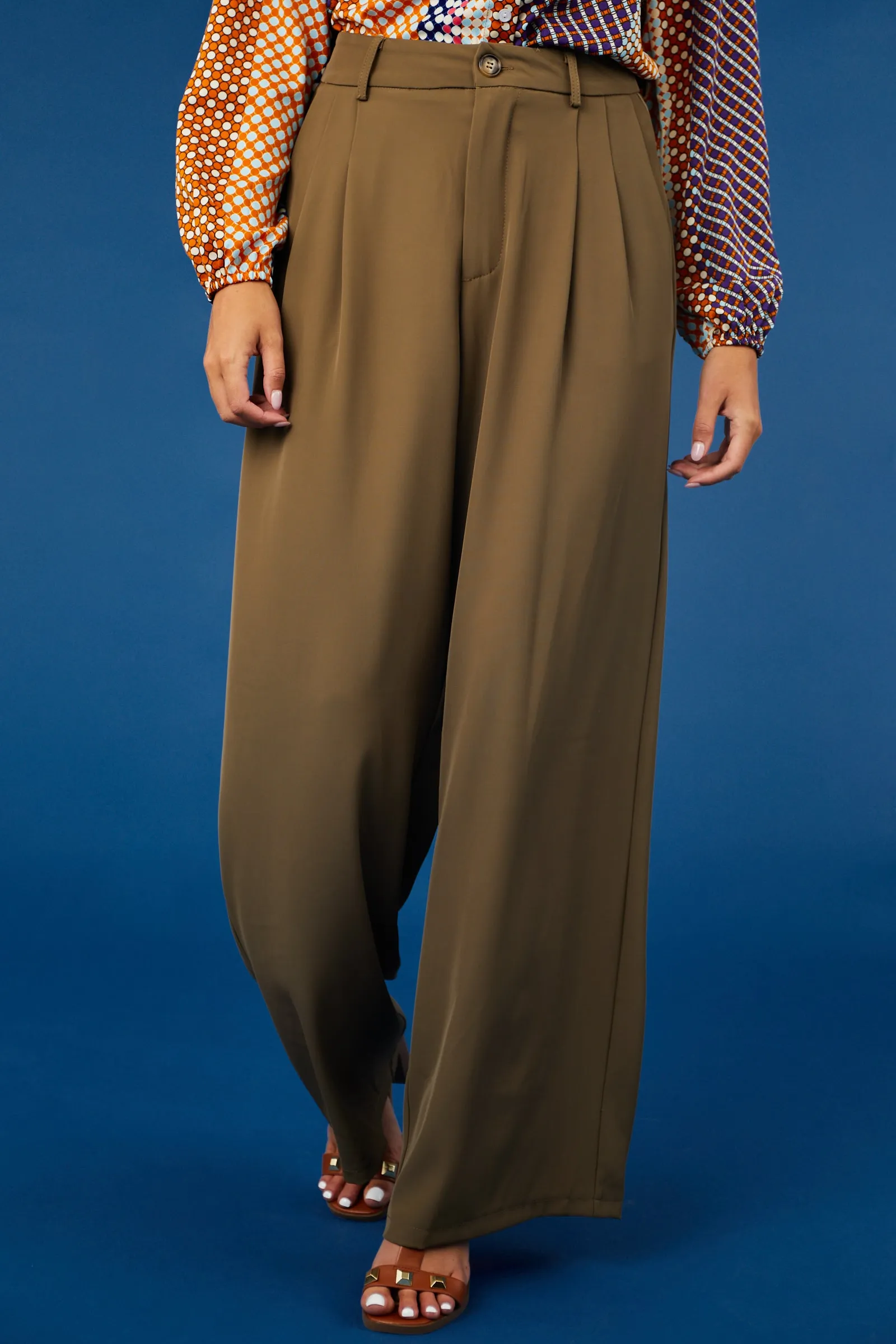 She Sky Army Green Pleated High Rise Wide Leg Woven Pants