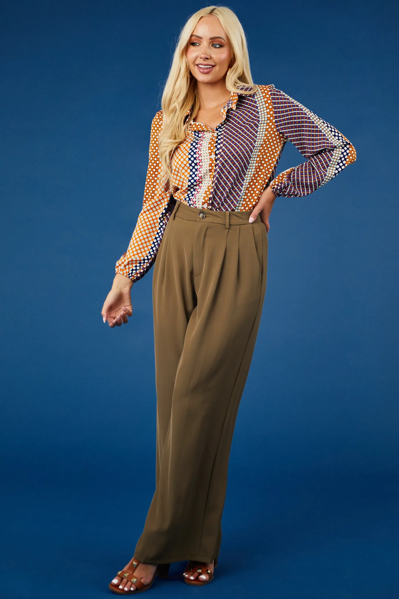 She Sky Army Green Pleated High Rise Wide Leg Woven Pants