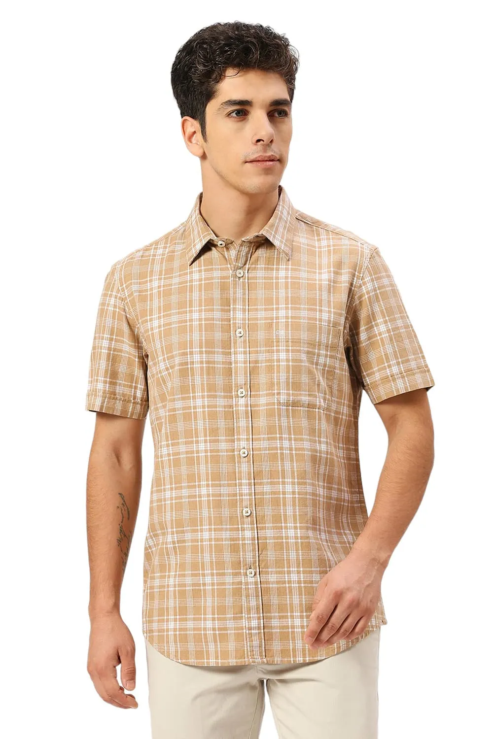 Slim Fit Cotton Twill Melange Checks Halfsleeves Shirt