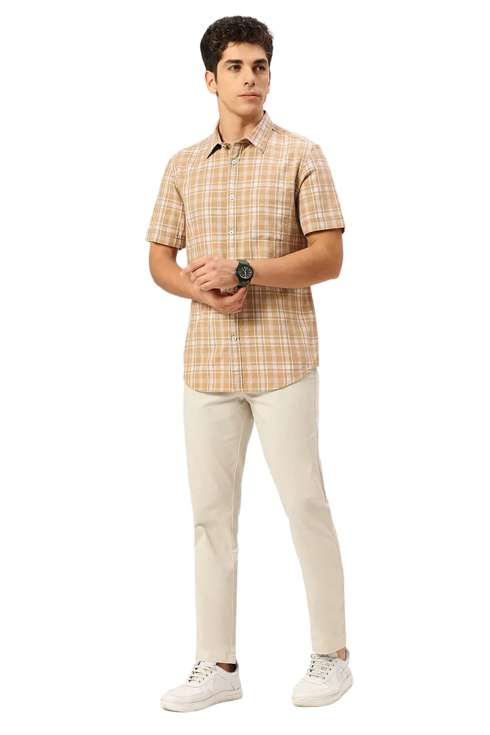 Slim Fit Cotton Twill Melange Checks Halfsleeves Shirt