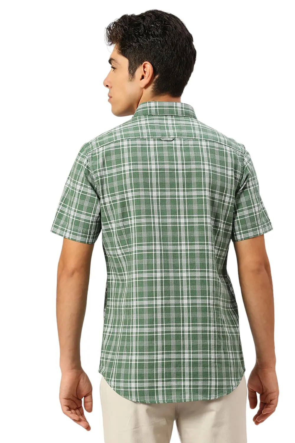 Slim Fit Cotton Twill Melange Checks Halfsleeves Shirt