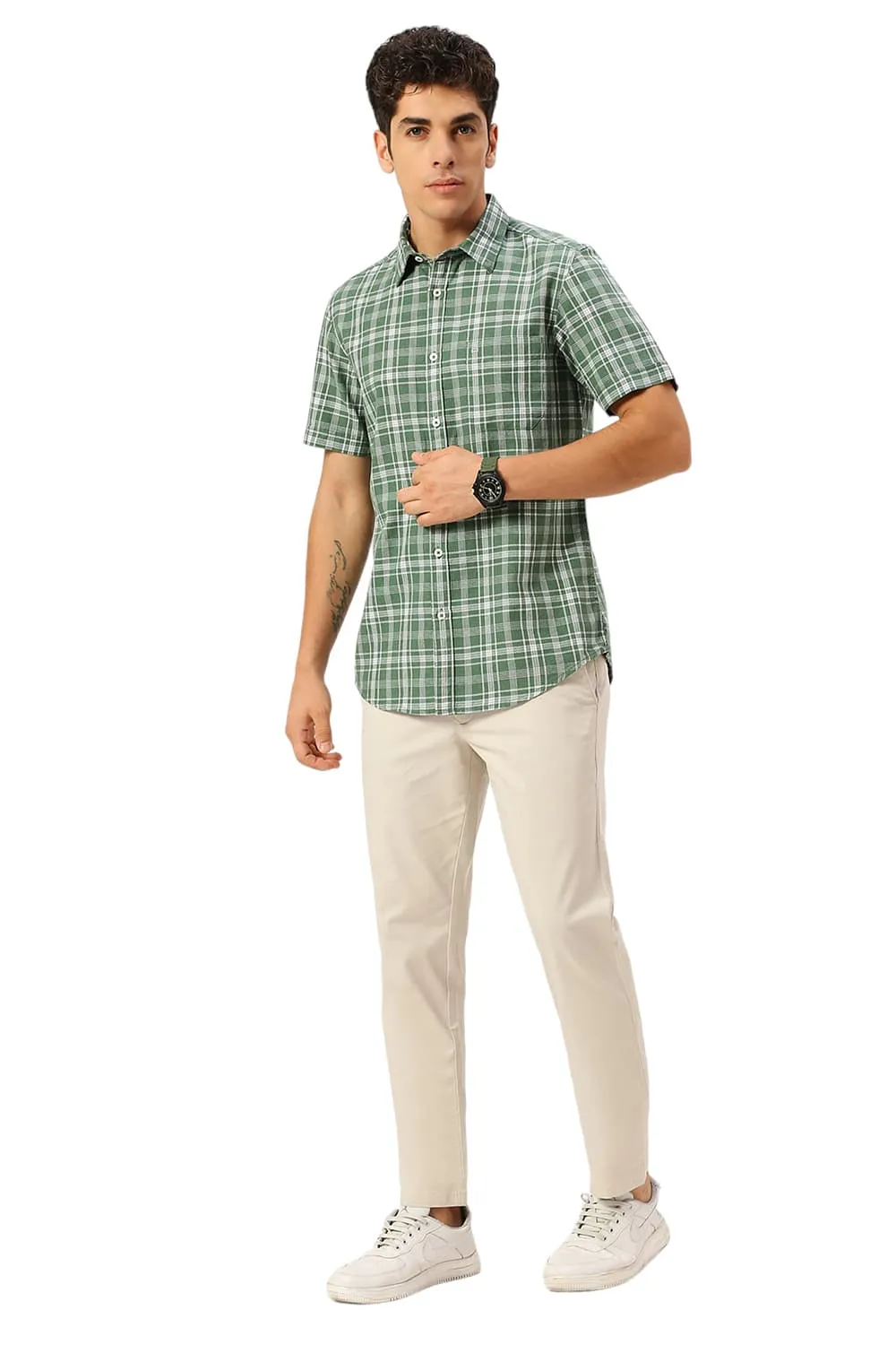 Slim Fit Cotton Twill Melange Checks Halfsleeves Shirt