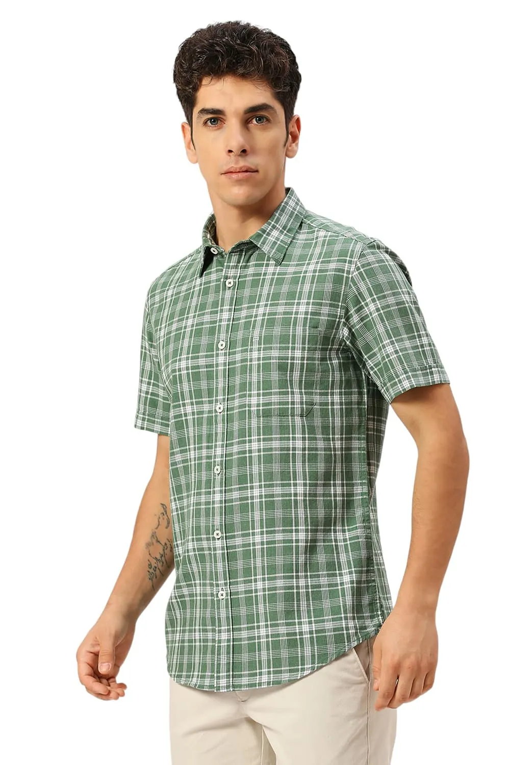Slim Fit Cotton Twill Melange Checks Halfsleeves Shirt
