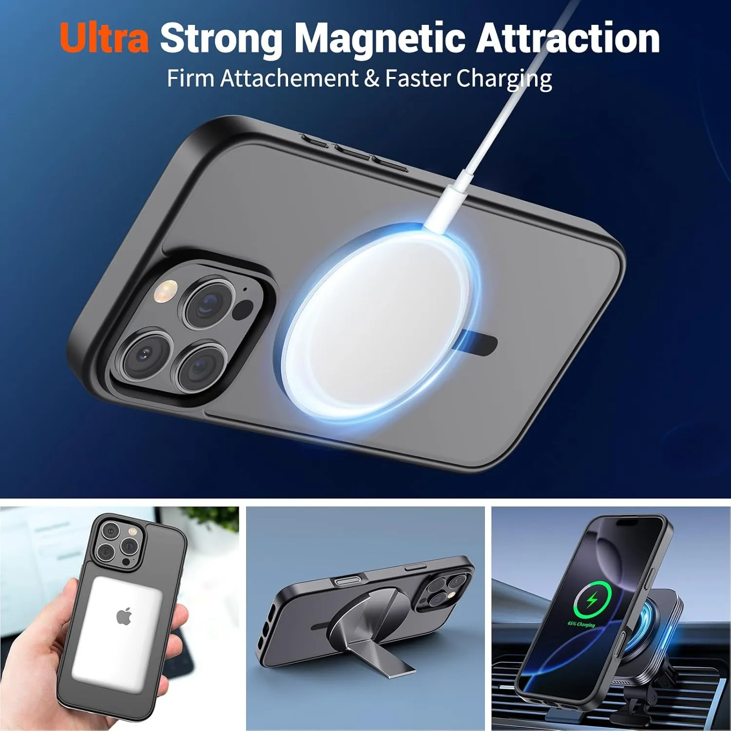 SUPFINE Magnetic for iPhone 16 Pro Case (Compatible with MagSafe) (Military Grade Drop Protection) Slim Translucent Matte Shockproof with Anti-Fingerprint Phone Case,Black