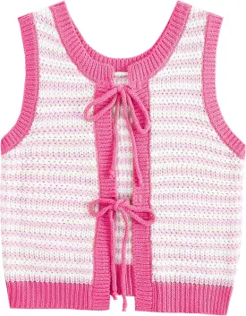 Sweater Vest Women Casual Sleeveless Crochet Tops Color Block Tie Back Knit Tank Tops
