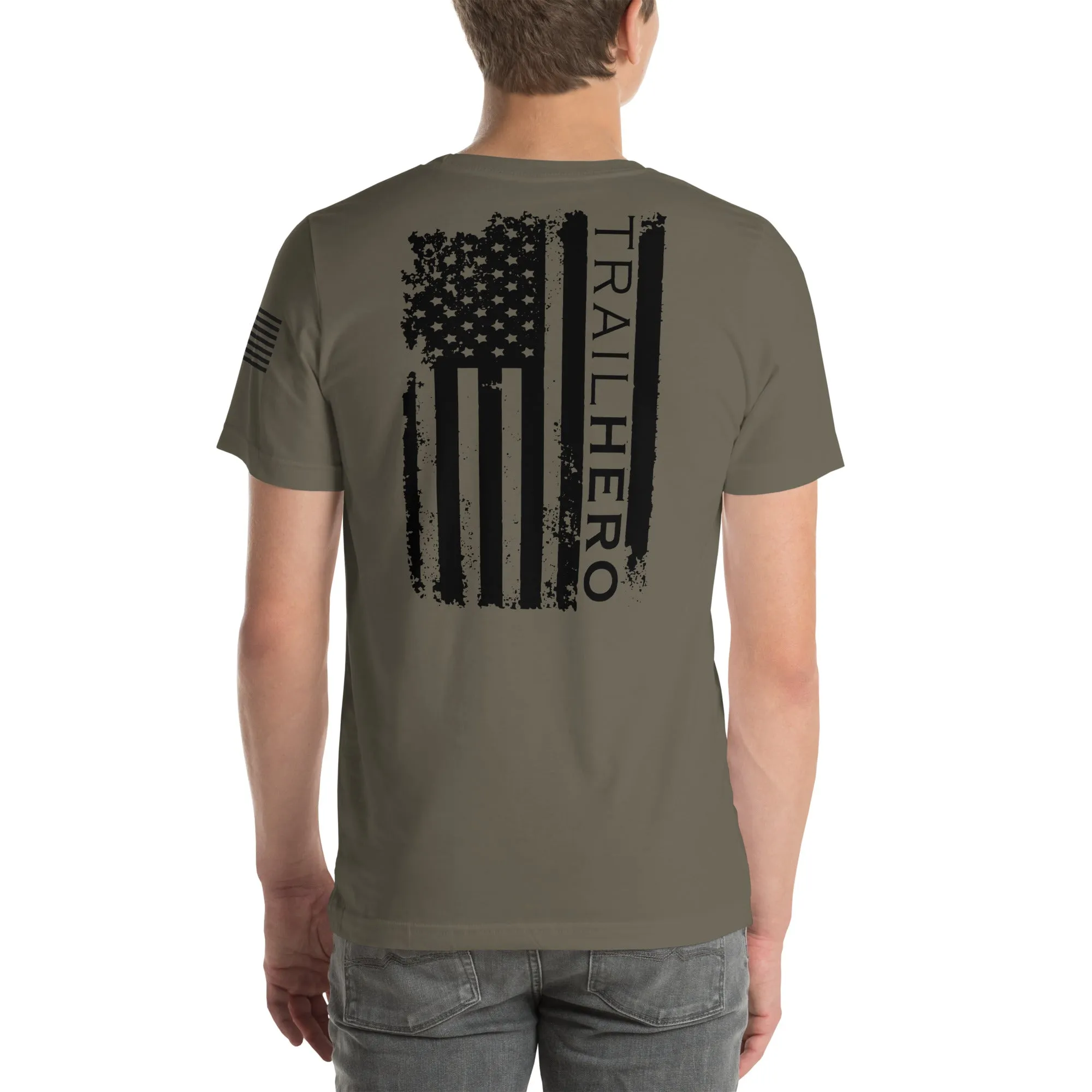 Trail Hero - Unisex - Bella 100% Cotton Black Logo Flag Tshirt - Army Green