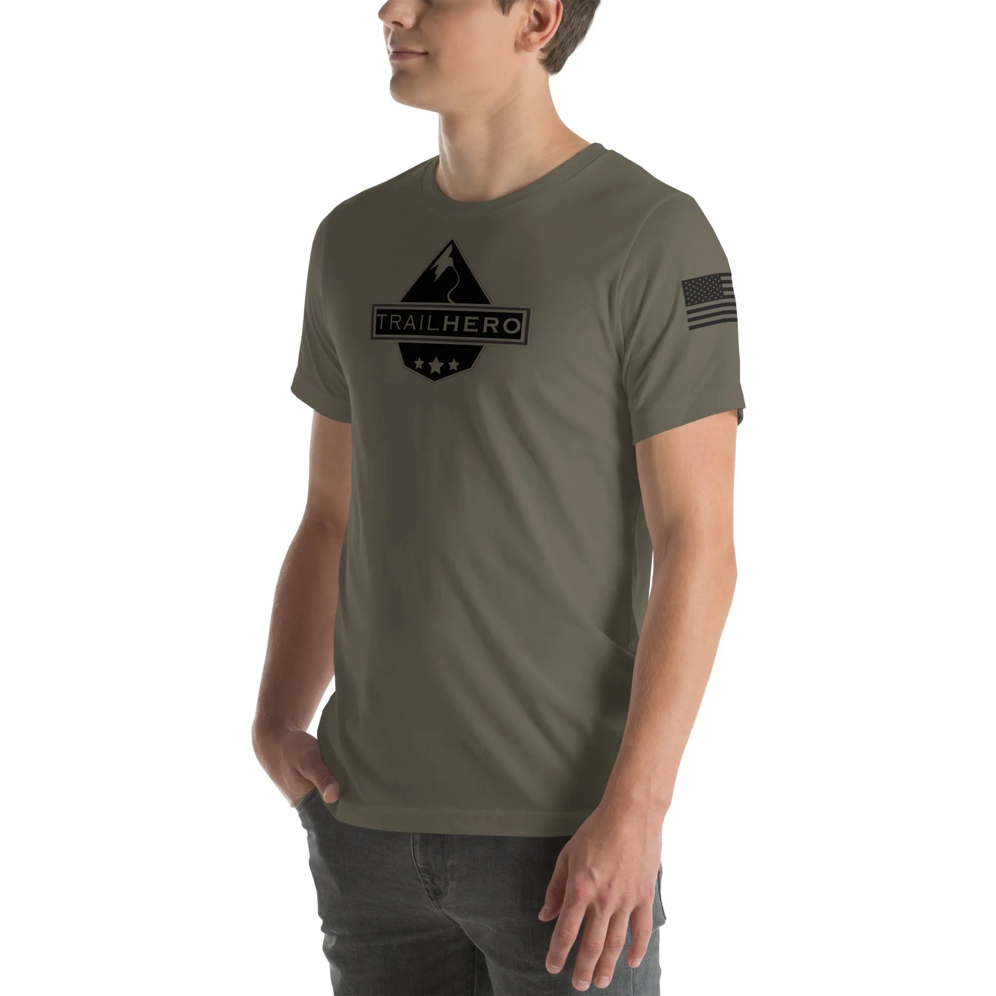 Trail Hero - Unisex - Bella 100% Cotton Black Logo Flag Tshirt - Army Green