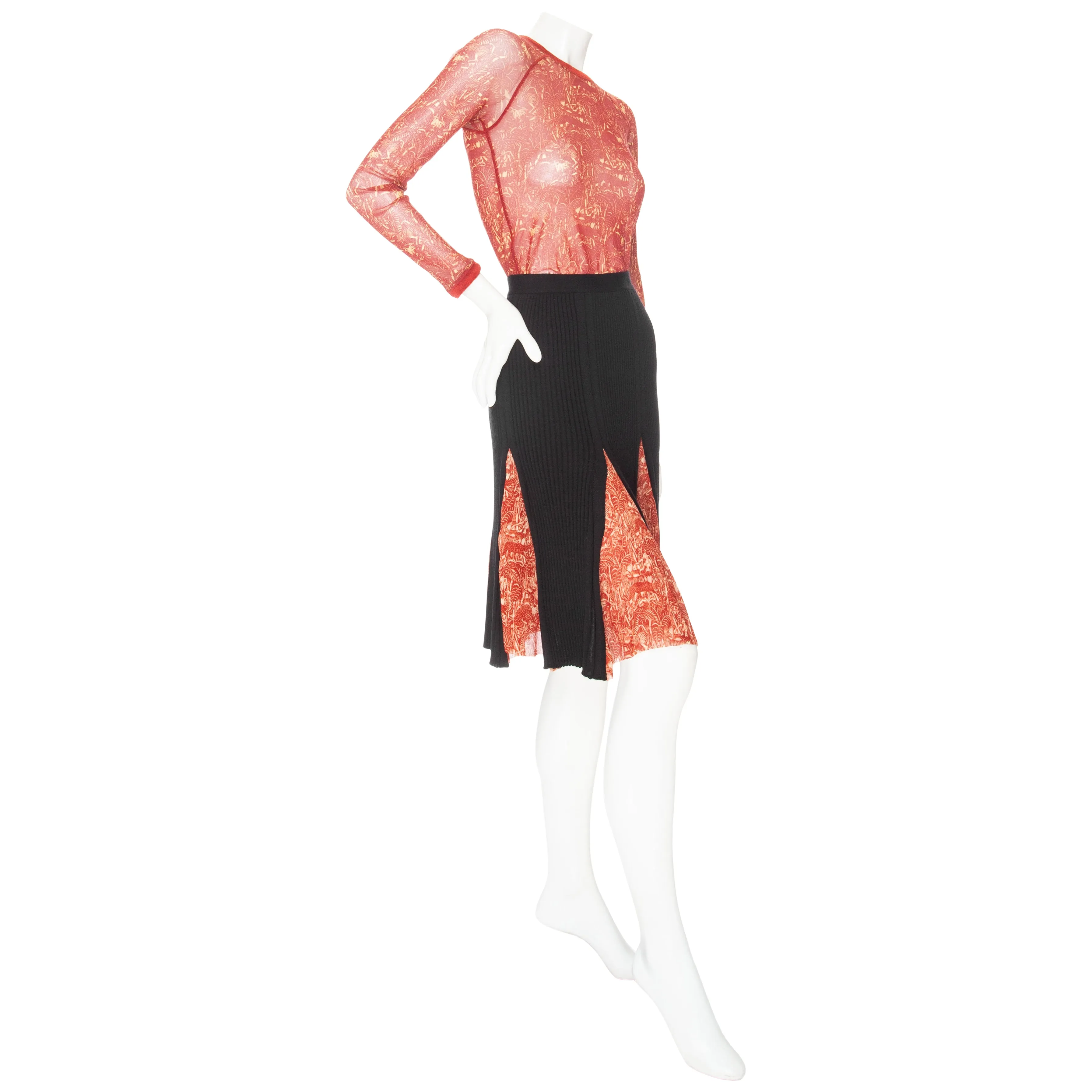 Vintage Maille Femme Multicolored Jungle Print Long Sleeve Mesh Top and Knit Godet Skirt Two-Piece Set